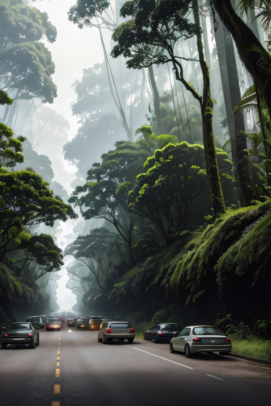 A queue of cars on a road moving away from a suburban neighbourhood in the distance overgrown with tall rainforest trees, Daytime, Cinematic, Atmospheric, action shot, shot by Denis Villeneuve, Art Station, 8K