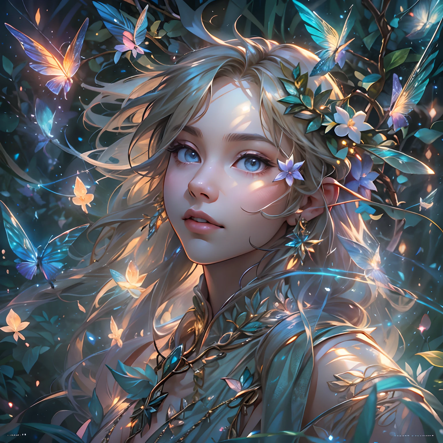 Fantastic snow and ice jungle,Many scattered crystal trees、Accessories、Shine in the center,Beautiful transparent flowers, Transparent colorful wings, The wand flutters in the wind、The wand flashed with starlight,Golden wand,transparent feathers,fanciful、Starskrim、cleanness、glimmering、Shines、magnifica、Verdant、Light、with light glowing,Magic pictures,Delicate leaves and branches are surrounded by fireflies(nature elements),(Jungle theme),(Foliage),(tree branch),(glowworm),(Particle effect),Masterpiece, Super detailed, Epic composition, Highest quality, 8K,Epic romantic fantasy digital art,Epic fairy tale fantasy digital art,Mythological fantasy,tmasterpiece,high qulity,8K,UHD resolution,Detailed detail drawing,realisticlying,Very realistic,cinmatic lighting,an award winning photograph,rich colours,hyper realistic lifelike texture,dramatic lighting