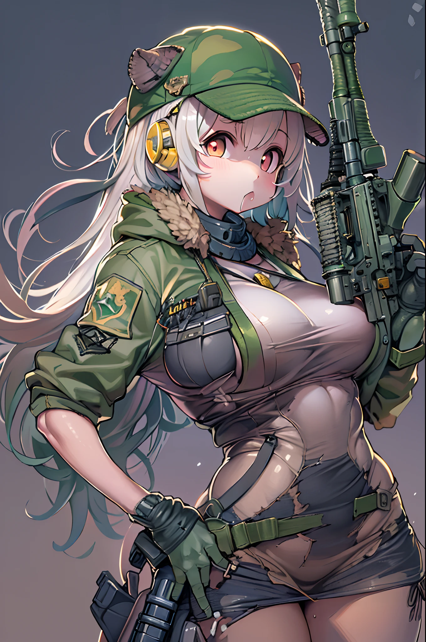 Anna wears a green, camouflage patterned vest with an orange bustier top underneath and a wide, darker orange belt around the waist with a large silver buckle. She wears shorts to match her bustier with four silver buttons at the front, and green thigh-highs with a black band and a black lace hem at the top. Anna also wears green, warrior-styled heels with straps wrapping up to her upper calf and three silver buckles on each leg at the outer side, as well as dark orange soles and heels to match her belt. This outfit is accessorized with silver bangles around her right arm, a silver choker, green camouflage elbow cuffs, a dark orange armlet on her left, upper arm, and a green camouflage hairband. SPARKLE; GLITTER
