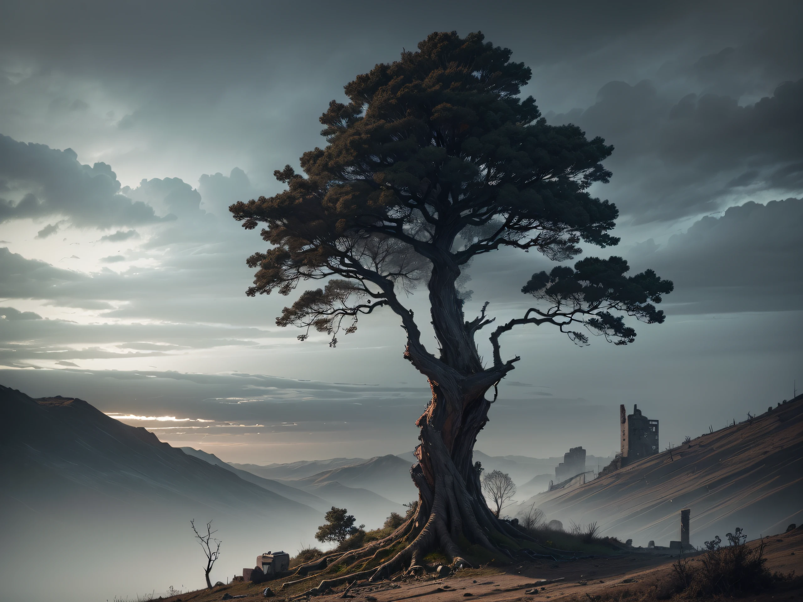 (highres,masterpiece:1.2),artistic tree on a hill,apocalyptic elements,art-house style,subtle and muted colors,dramatic lighting,texture-rich bark and leaves,detailed branches reaching into the sky,ominous atmosphere,stark and desolate landscape,distant crumbling buildings,haunting beauty