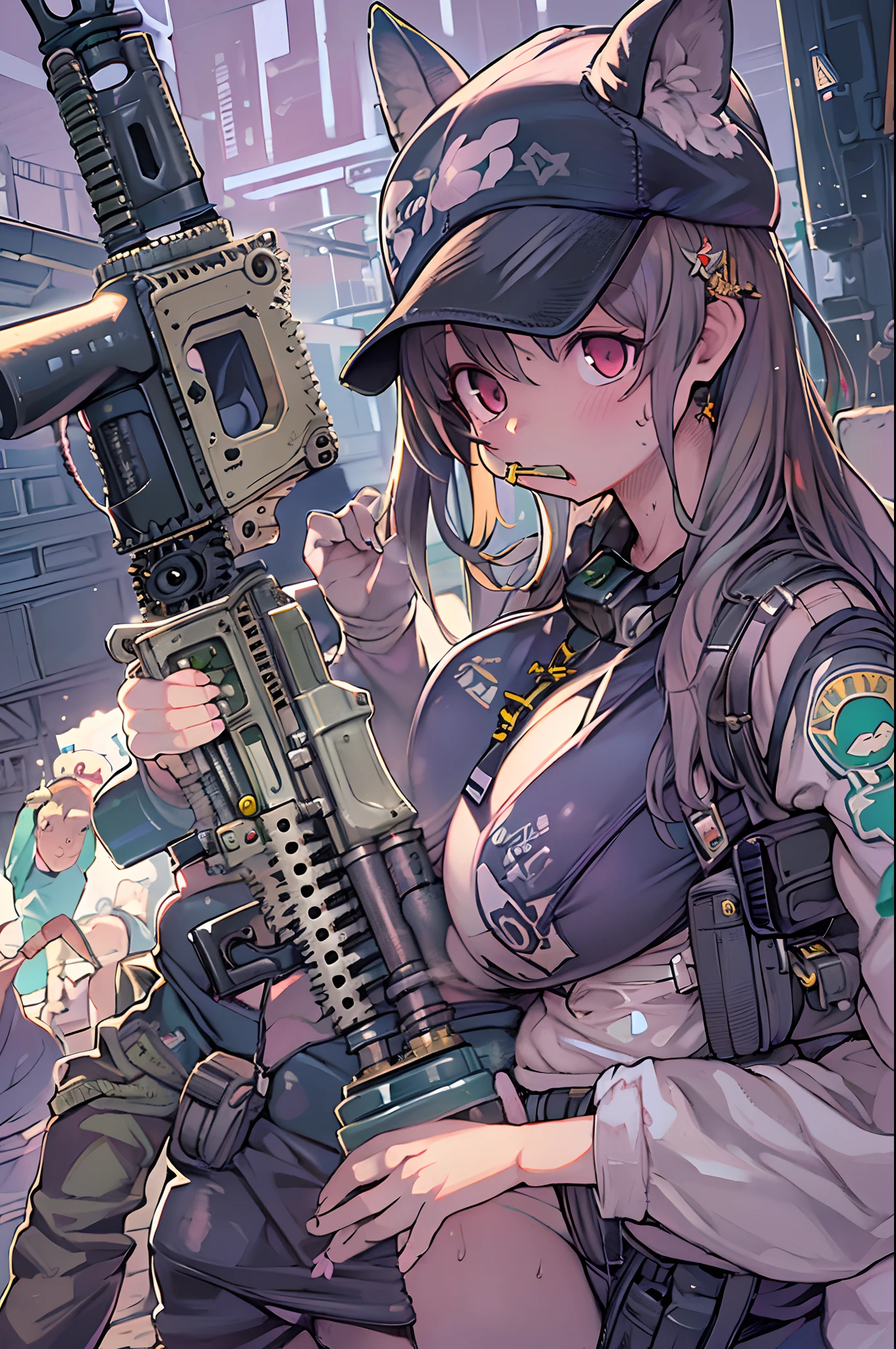 Anime girl with a gun in her hand and a cat hat on her head - SeaArt AI
