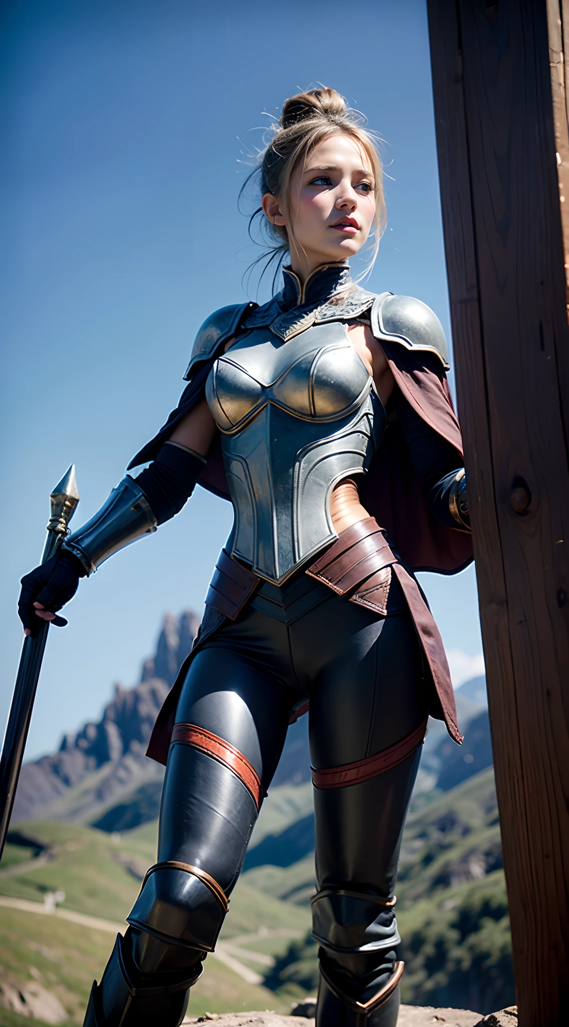 Masterpiece, a beautiful female warrior, (Alyssa Sutherland:Janeane Garofalo:0.5), high detail leather armor, deep neck line, strong muscular body, short filthy hair, undercut, legs, (high fantasy battlefield environment), HD, (skin texture:1.1), best quality, ultra high res, (photorealistic: 1.4), Raw photo, by Ellen von Unwerth, Nikon D850 Film Stock Photography, F1.6 Lens, Rich Colors, Realistic, Cinestill 800, backlight, rimlighting, studiolighting, sunlight, close-up