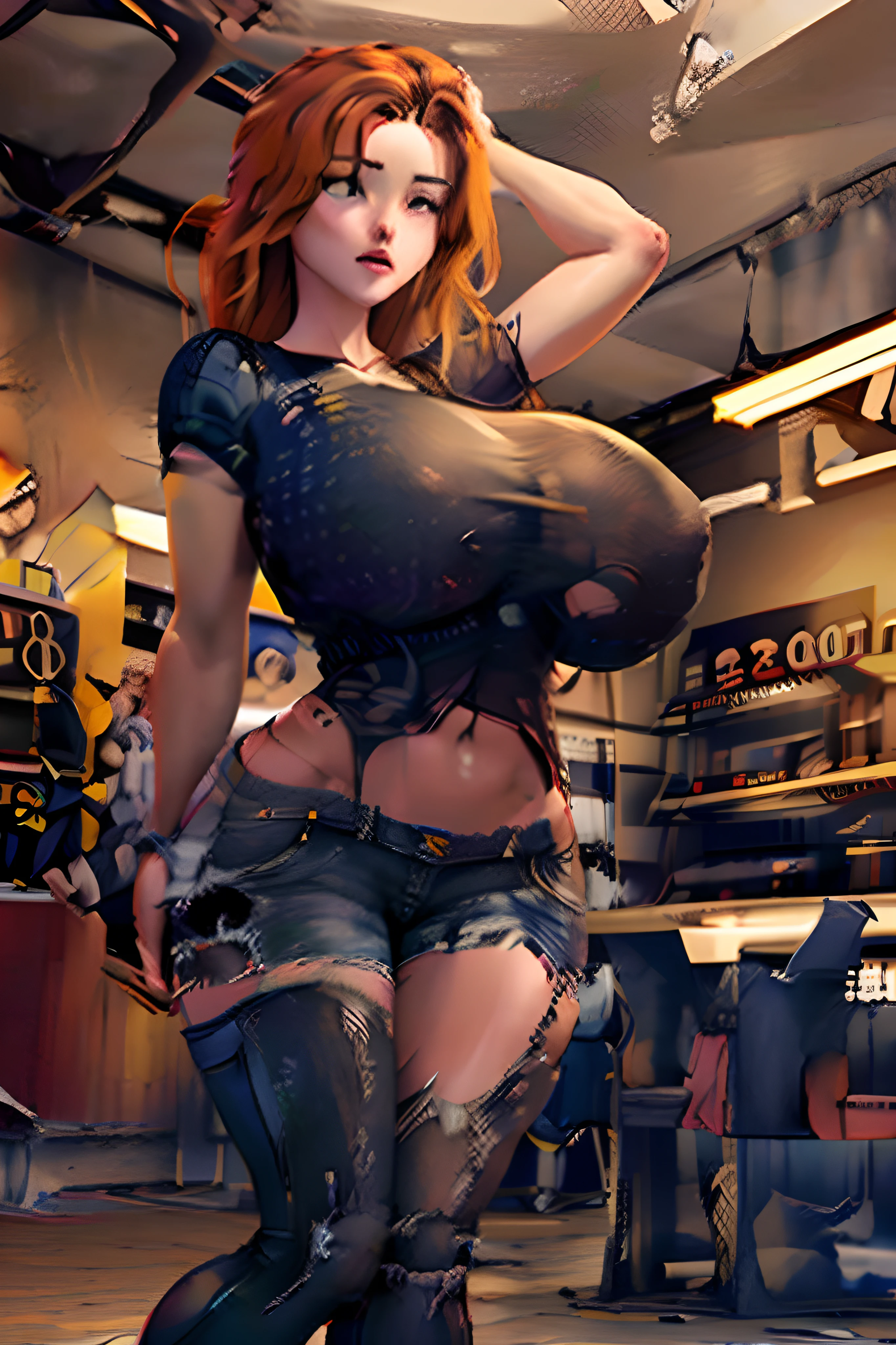 Tall, redhead, beautiful, young woman, huge breasts, long slender torso, long arms, long legs, out growing her clothes, yellow tee-shirt, blue jeans, black converse hightops, embarrassed, trying to hold her shirt down as it rises up her exposed midsection