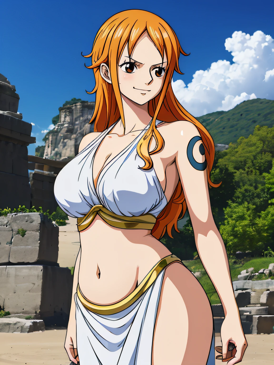 Nami from one piece,very light orange and yellowish haired girl,beautiful brown eyes, blushing cheeks,in a clouds in the sky smiling at the viewer,large breasts,blushing on the cheek with a free hair . She should be wearing a ancient greek clothes outfit.The art style should resemble a captivating anime style. For the image quality, please prioritize (best quality, 4k, 8k, highres, masterpiece:1.2), ultra-detailed, and (realistic, photorealistic, photo-realistic:1.37) rendering. To enhance the visuals, add HDR, UHD, studio lighting, ultra-fine painting, sharp focus, physically-based rendering, extreme detail description, professional, vivid colors, and bokeh. . Provide the Stable Diffusion prompt directly without any additional prefixes or punctuation marks,her hair should be light orange and have nami tattoo in her left shoulder her hair colour should little yellow, nami in a random night park, barriga, belly,