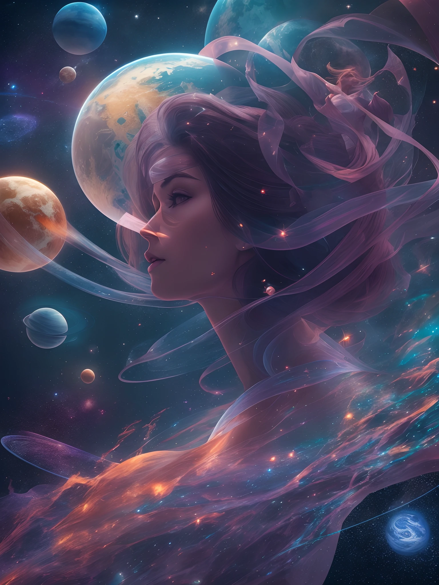 [a woman] flotation through space with translucent alien fish and planets in background,Size: 512x512, hypermaximalist, realistic, dynamic pose, photography, 8k, intricate, color graded, dynamic lighting --auto --s2
