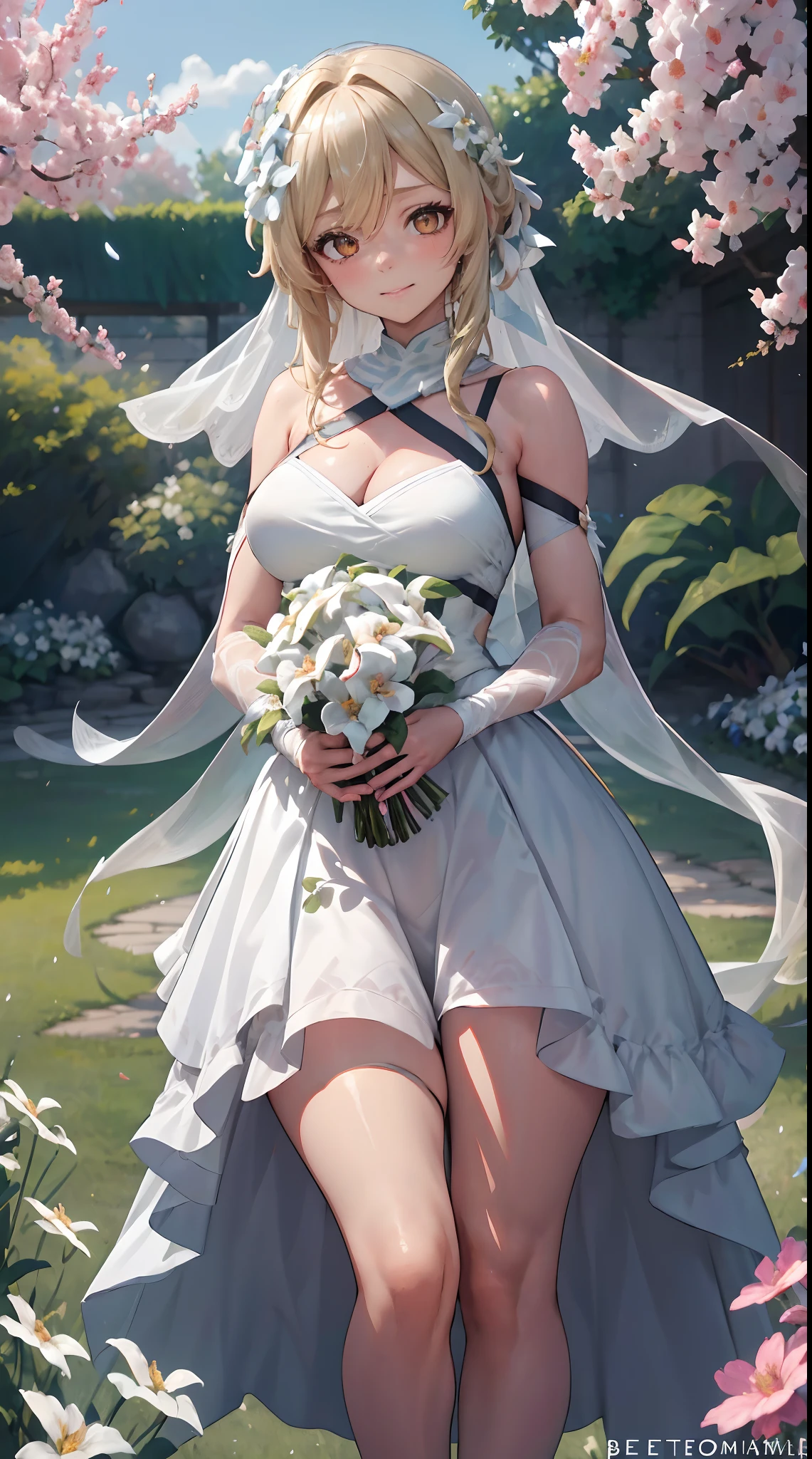 Masterpiece, best quality, 1 girl, Nier.2b\ (bride\), hair in one eye, bridal veil, dress, thighs, faint smile, arms crossed, church, (white rose petals),