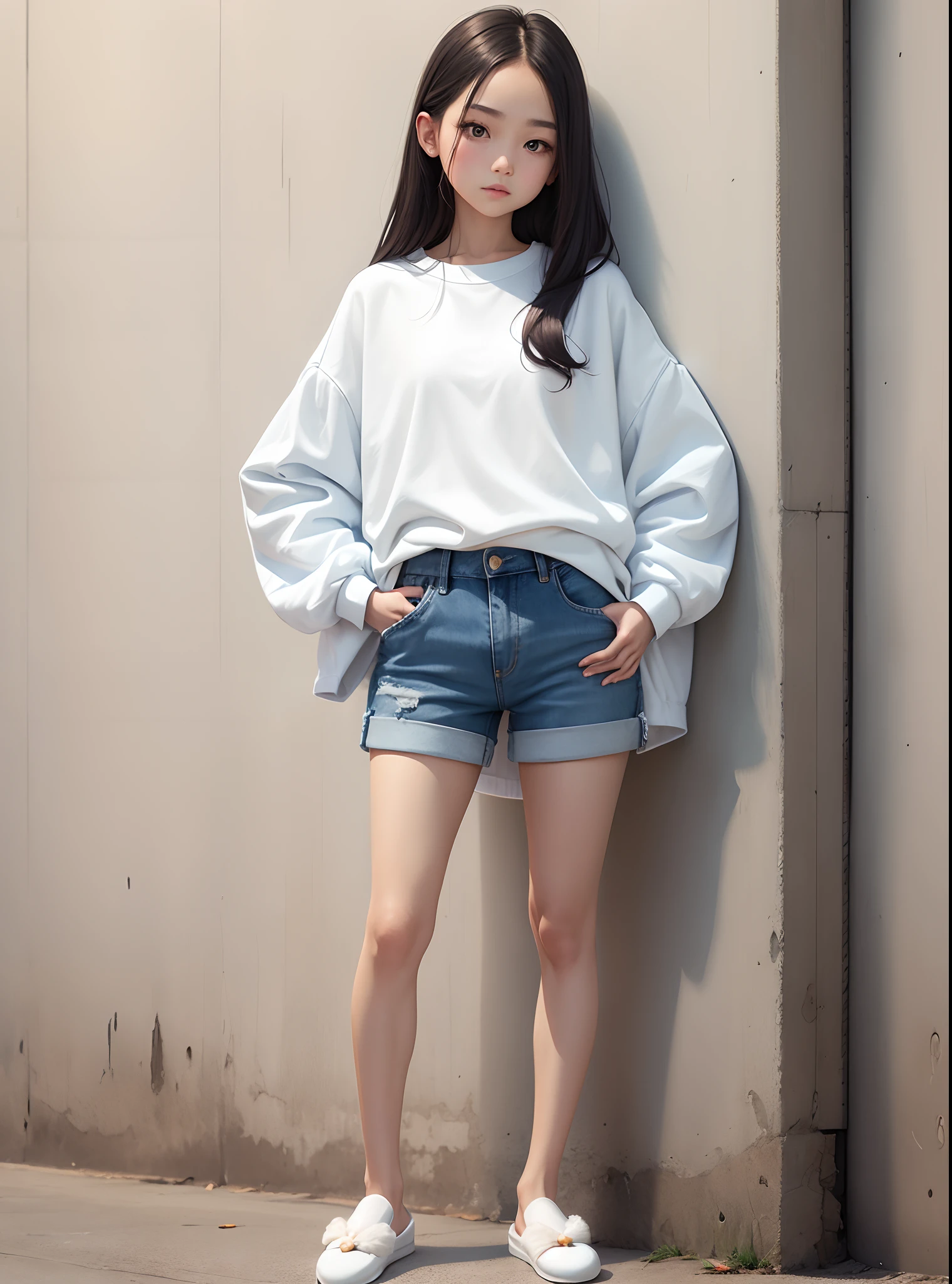 Girl, white long sleeves pullover, blue denim shorts, slippers, standing, one hand against wall, one hand on hip