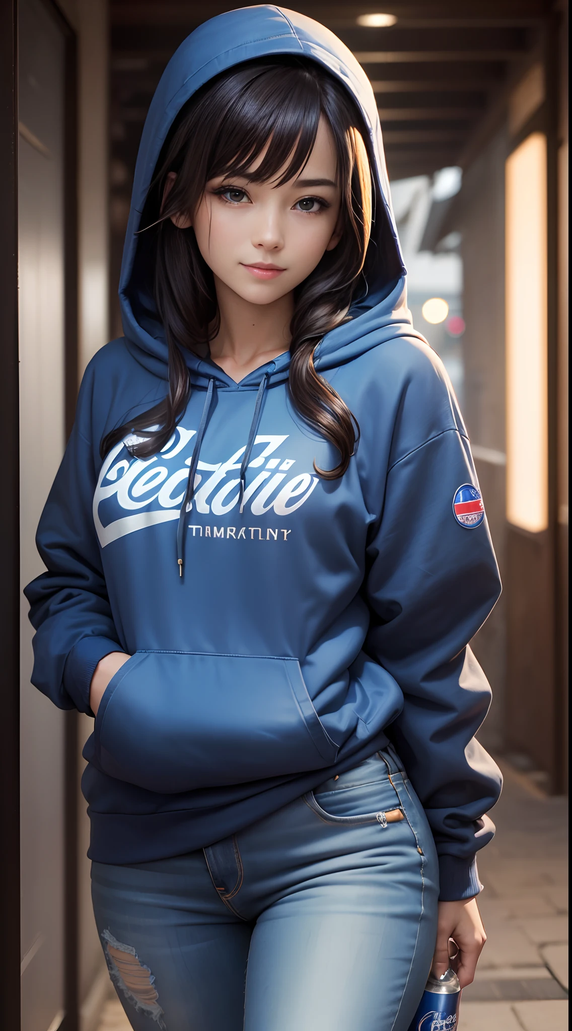 Alafe in blue hoodie with Pepsi can and drink, Wearing a blue hoodie, girl wearing hoodie, Blue Hoodie, wearing an oversized hoodie, wearing a neon blue hoodie, Wearing hoodie, oversized hoodie, Wearing a hoodie, japanese streetwear, Wearing a hoodie and sweatpants, black haired girl wearing hoodie, ulzzangs, in a hoodie, 🤤 girl portrait，((Realistic lighting, best qualtiy, 8K, tmasterpiece:1.3)), foco nítido:1.2, 1girll, Beautiful Women in Perfect Figure:1.4, : ((dark brown  hair)), (White lace underwear:1.4）,（outside of house，during night：1.1），highlight，Ultra-fine face，Fine eyes，二重まぶた，Skin Tight Jeans，Shooting from front，a smile，