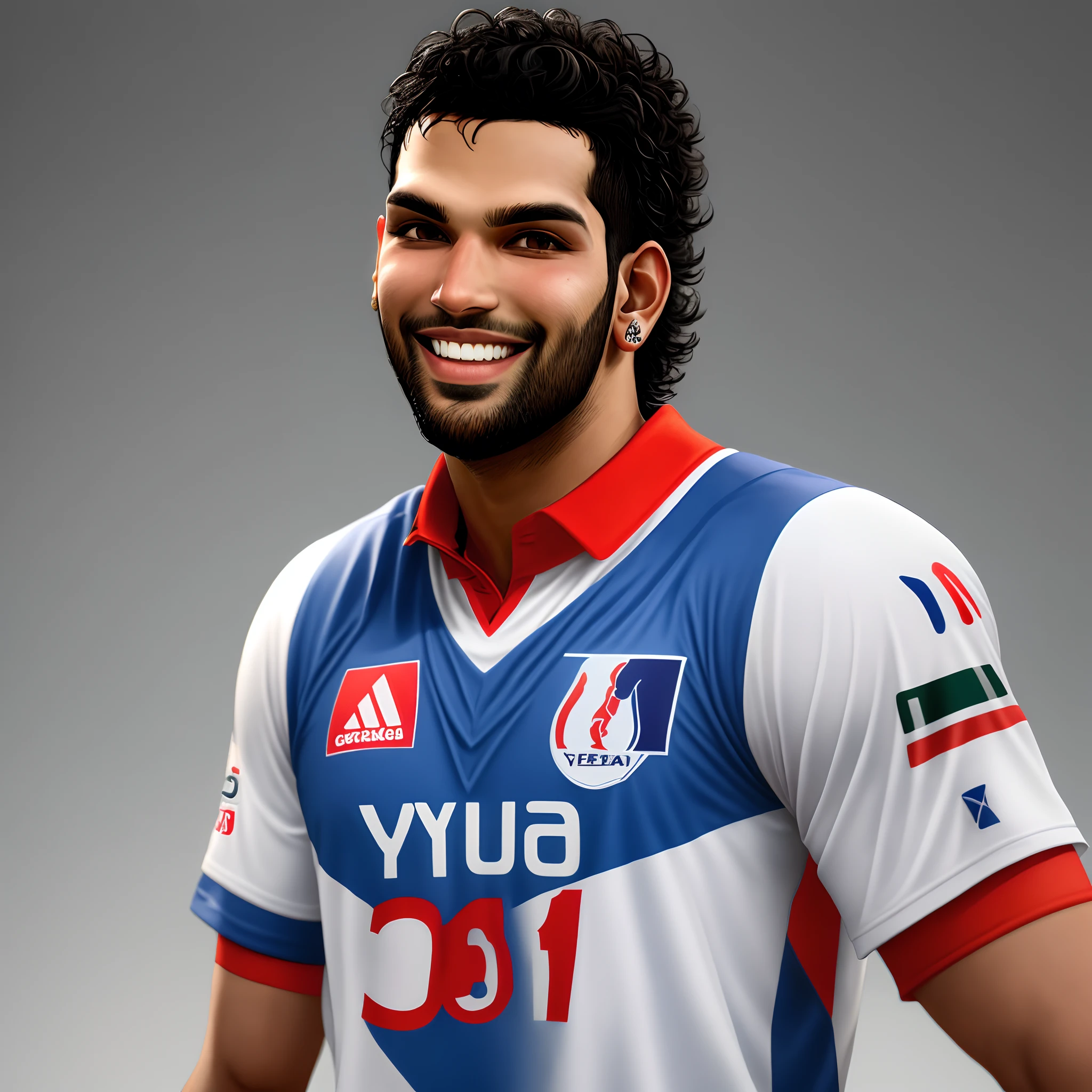 Create a lifelike portrait of Yuvraj Singh with his iconic 'Number 12' jersey, highlighting his charismatic smile.