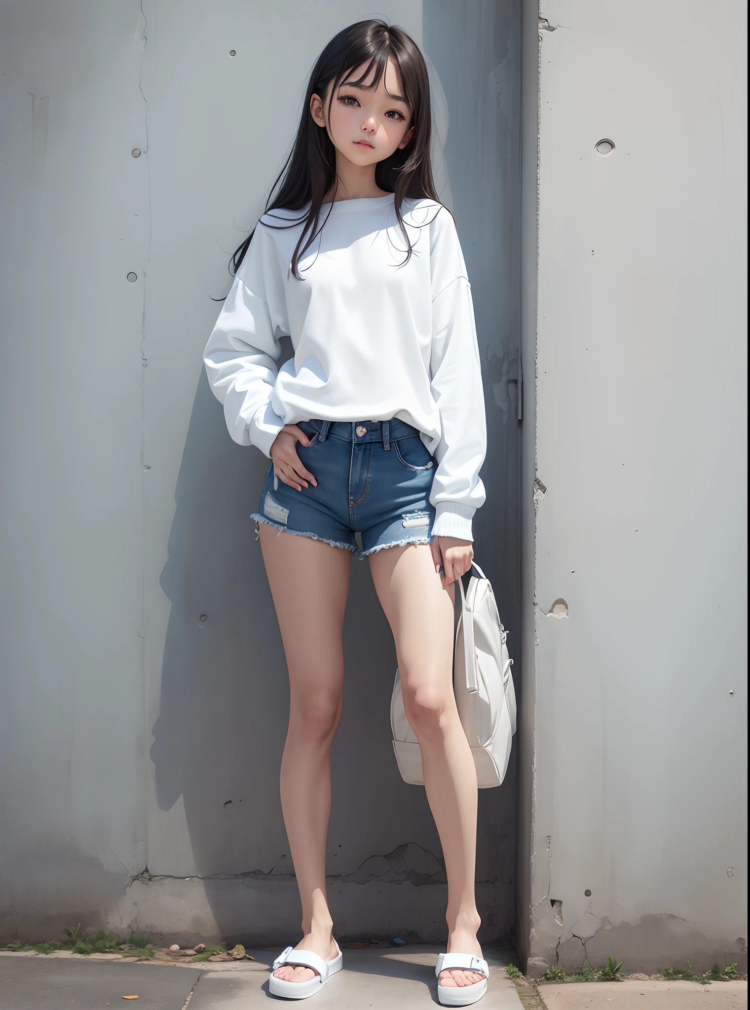 Girl, white long sleeves pullover, blue denim shorts, slippers, standing, one hand against wall, one hand on hip