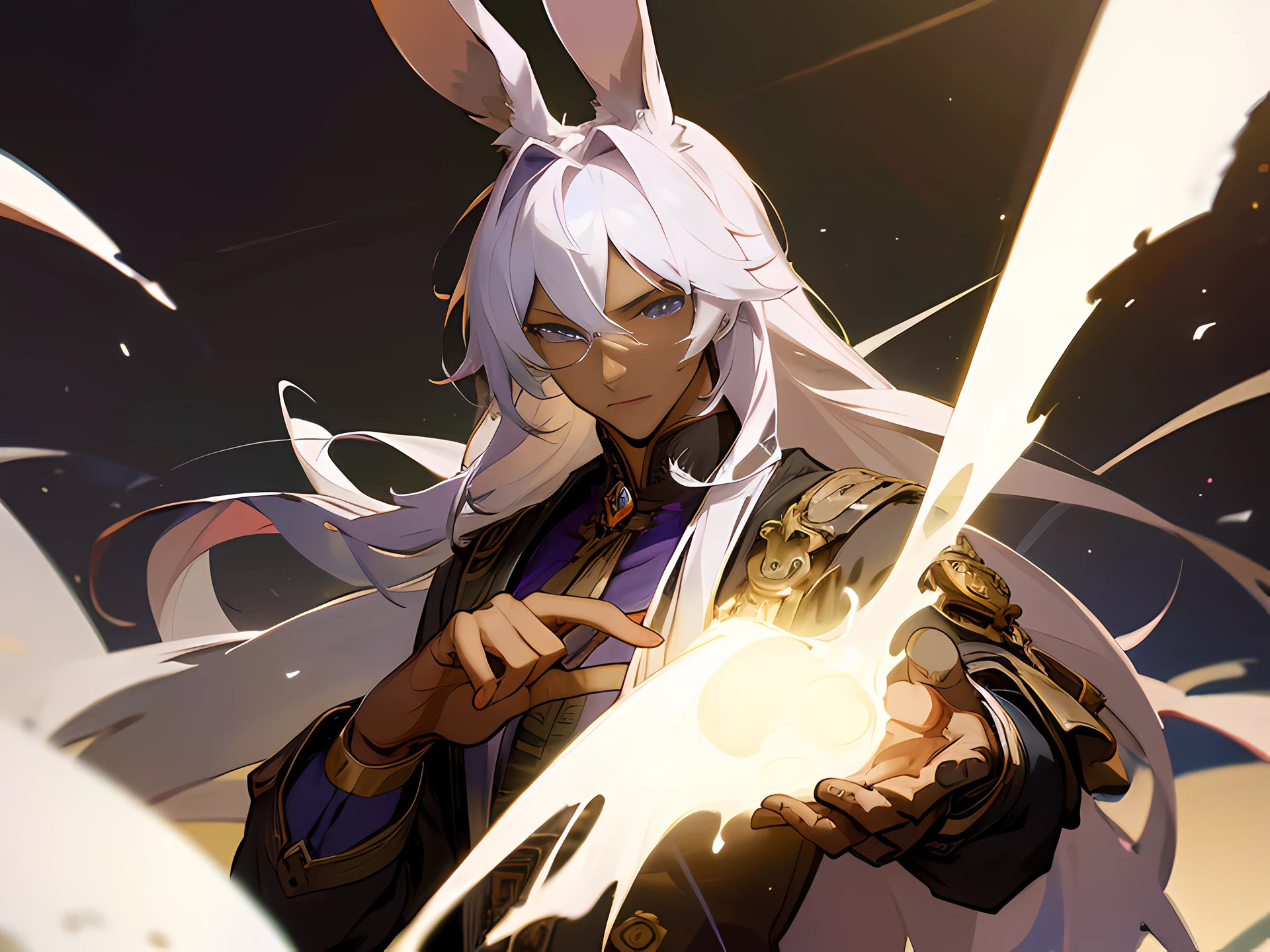 (masterpiece,HDR), 1man, best quality, expressive eyes, perfect face, dark skin, male viera, white bunny ears, handsome man, purple eyes, medium long white hair, steampunk clothing, detailed hands