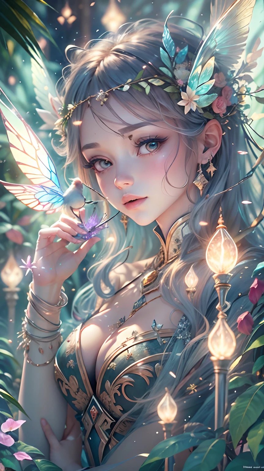 Fantastic snow and ice jungle,Many scattered crystal trees、Accessories、Shine in the center,Beautiful transparent flowers, Transparent colorful wings, The wand flutters in the wind、The wand flashed with starlight,Golden wand,transparent feathers,fanciful、Starskrim、cleanness、glimmering、Shines、magnifica、Verdant、Light、with light glowing,Magic pictures,Delicate leaves and branches are surrounded by fireflies(nature elements),(Jungle theme),(Foliage),(tree branch),(glowworm),(Particle effect),Masterpiece, Super detailed, Epic composition, Highest quality, 8K,Epic romantic fantasy digital art,Epic fairy tale fantasy digital art,Mythological fantasy,tmasterpiece,high qulity,8K,UHD resolution,Detailed detail drawing,realisticlying,Very realistic,cinmatic lighting,an award winning photograph,rich colours,hyper realistic lifelike texture,dramatic lighting