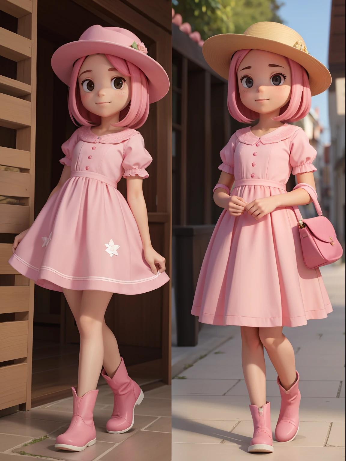 "Crie 6 quadros consecutivos de uma menina andando, character animation frames, with an identical design of the character in each frame. The girl is alone, Feliz, com cabelos castanhos, olhos castanhos, bochechas rosadas, vestindo uma roupa de fazenda rosa, a pink hat, Botas Rosa, e um fundo branco."