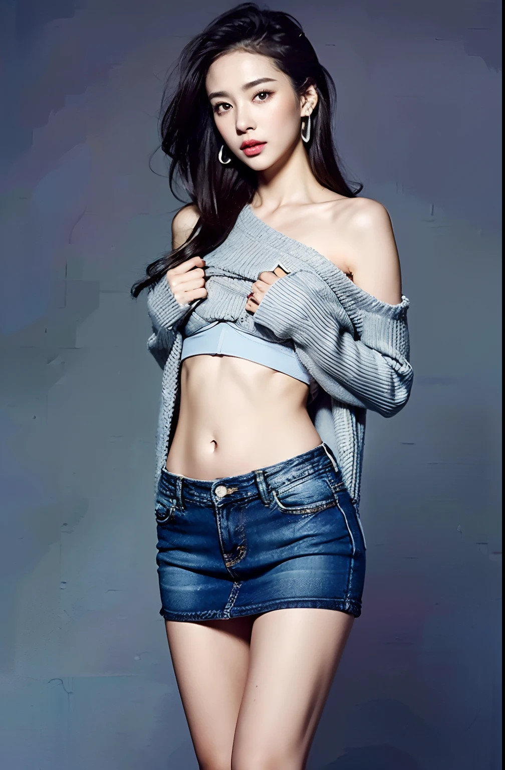Gentle and beautiful woman、charming oval face、二重まぶた、Smart peach blossom eyes、Pink lips、a small nose、bare shoulders、Focused Faces、Face up、The ultra -The high-definition、ultra-detailliert、Elegant standing position、Grey-blue high-value cloth、 ((wide open abdomen))、((open abdomen))、((wide open navel))、((open navel))、((Bare belly))、((Mid-Riff Sweater))、
((Ultra-low rise、Denim Mini Skirt))、 ((Navel Ejection))、((small hips))、((Full body depiction))、((small hip))、(boots)、((Ultra-low rise))、
((Denim Mini Skirt))、((is standing))、