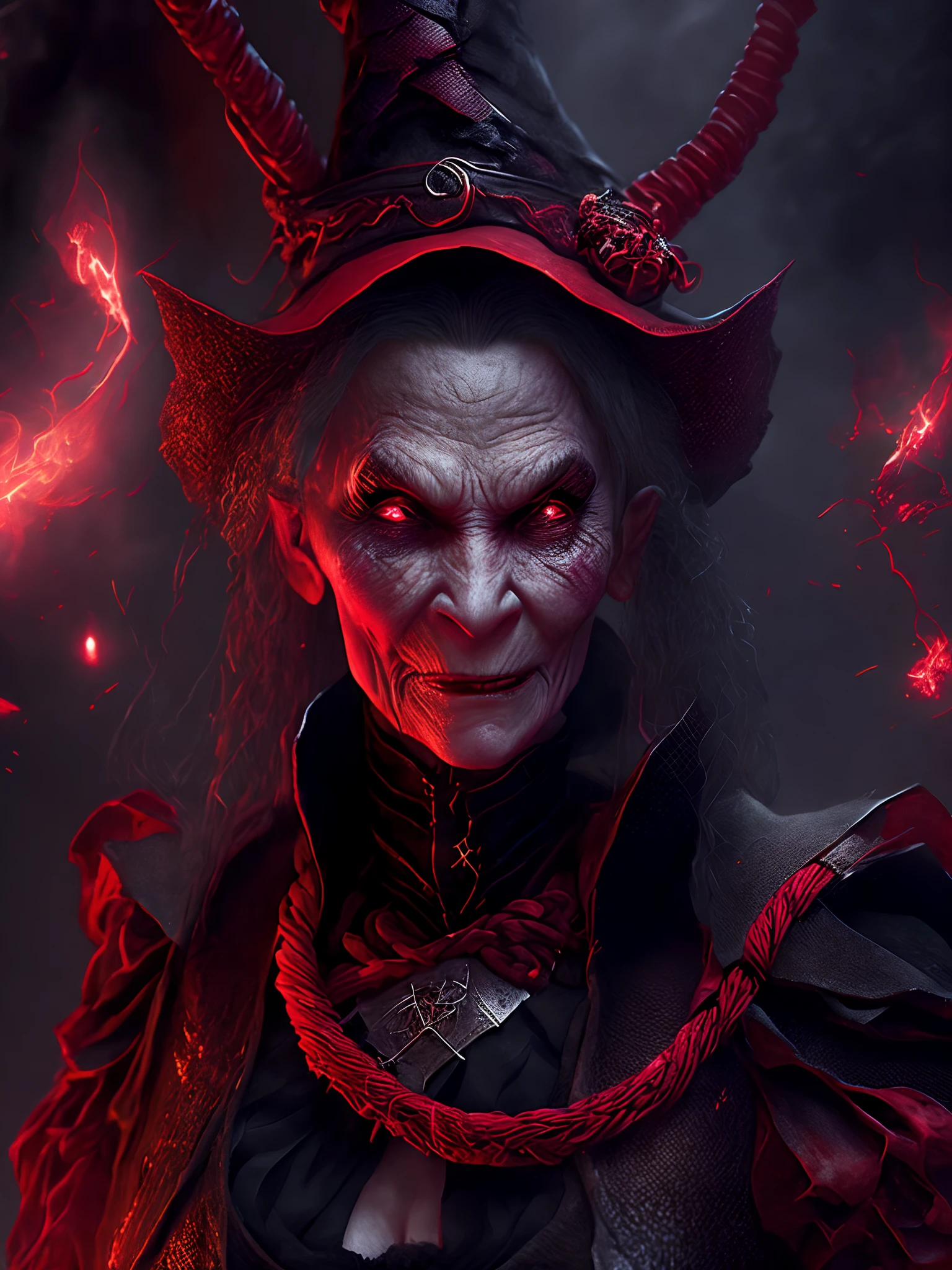 Close-up ( ugly witch with red rope from Marvel in Goth style: 1.3) emerging from the witches castle, extremely detailed, smoke, sparks, metal shavings, flying debris, volumetric light