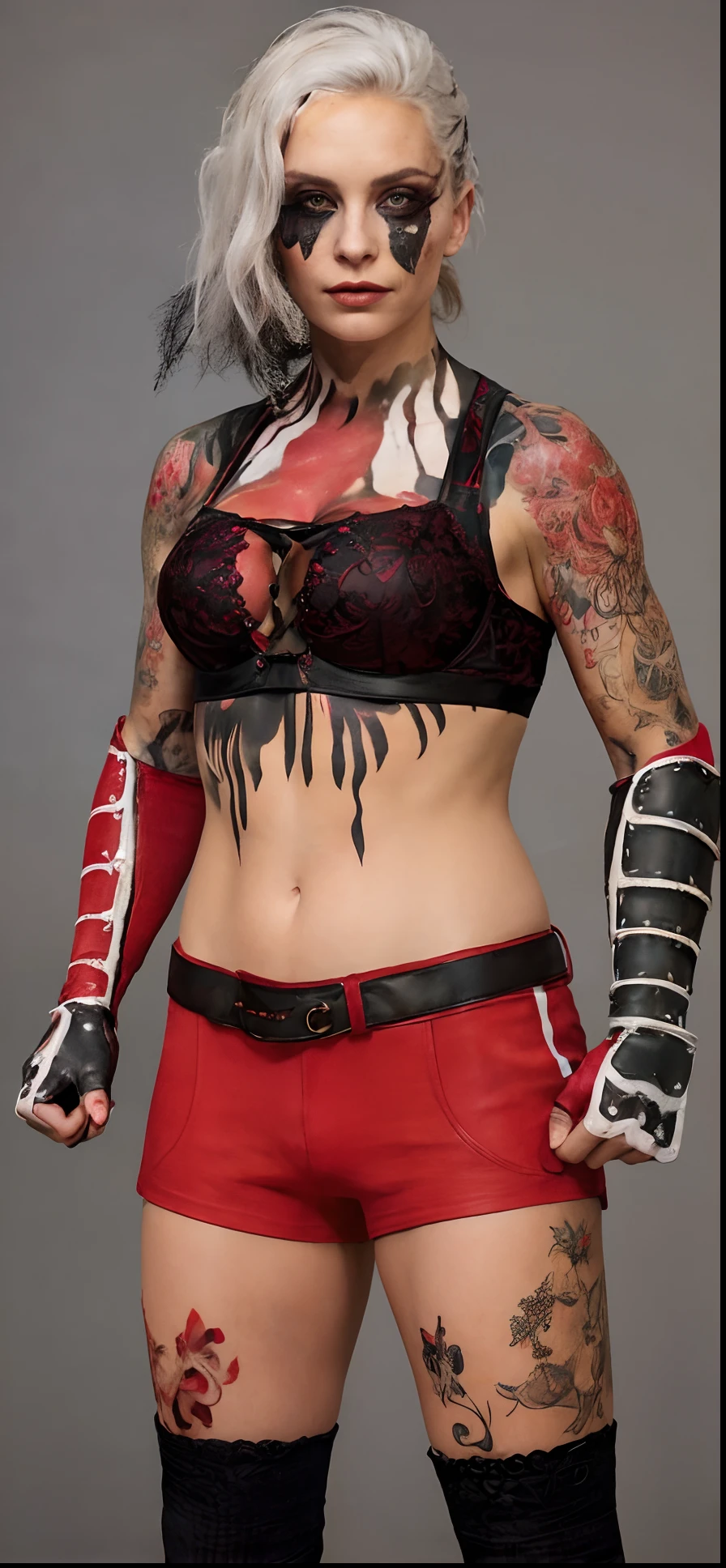 Une femme avec des tatouages et une tenue rouge posant pour une photo, peinture faciale au niveau des yeux,soutien-gorge en cuir noir ,Style geste lourd gros plan, hand painted textures on model, extreme detail skin, Highly detailed skin, Precise skin textures, De gros gantelets, Highly detailed upper body, Detailed Outfit, Detailed bra ,crimson themed,