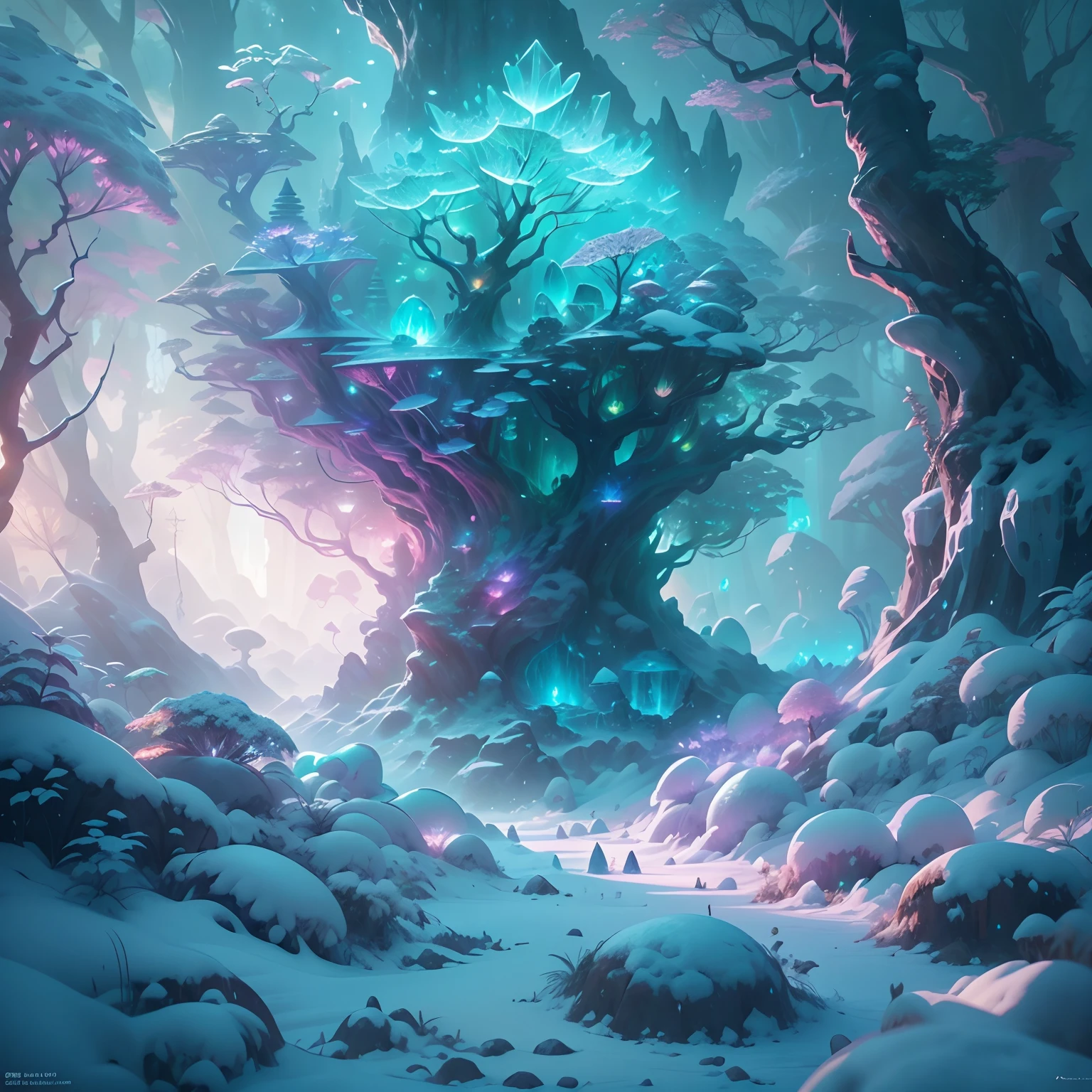 Fantastic snow and ice jungle，Many scattered crystal trees、Accessories、Shine in the center，fanciful、Starskrim、cleanness，glimmering、Shines、magnifica、Verdant、Light、with light glowing，Magic pictures, dramatic  lighting, Foto realism, The ultra-detailliert, 4K, depth of fields, A high resolution，Glowing crystals illuminate the ice and snow，Natural elements in the forest theme，Colorful snow and ice jungle，Epic fantasy art style，Delicate leaves and branches are surrounded by fireflies（nature elements），（Jungle theme），（Foliage），（tree branch），（glowworm），（Particle effect）and other 3D， Octane rendering，Ray traching，Super meticulous，Depicting the harmony between man and nature, Epic fantasy art style, Epic fantasy art style HD, Epic fantasy digital art style, by Yang J, trending on artstation pixiv, Anime fantasy illustration, Beautiful ancient frost, Arte conceitual de inverno,