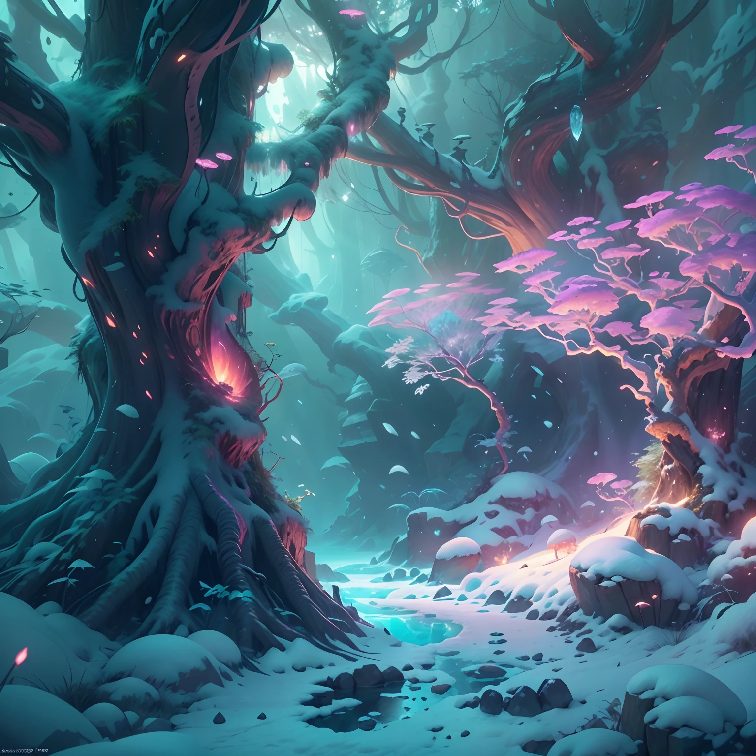 Fantastic snow and ice jungle，Many scattered crystal trees、Accessories、Shine in the center，fanciful、Starskrim、cleanness，glimmering、Shines、magnifica、Verdant、Light、with light glowing，Magic pictures, dramatic  lighting, Foto realism, The ultra-detailliert, 4K, depth of fields, A high resolution，Glowing crystals illuminate the ice and snow，Natural elements in the forest theme，Colorful snow and ice jungle，Epic fantasy art style，Delicate leaves and branches are surrounded by fireflies（nature elements），（Jungle theme），（Foliage），（tree branch），（glowworm），（Particle effect）and other 3D， Octane rendering，Ray traching，Super meticulous，Depicting the harmony between man and nature, Epic fantasy art style, Epic fantasy art style HD, Epic fantasy digital art style, by Yang J, trending on artstation pixiv, Anime fantasy illustration, Beautiful ancient frost, Arte conceitual de inverno,