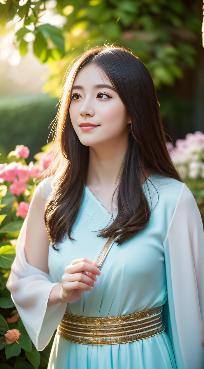 (((Full body photo))), (Single eyes)),(Sunset backlight))),(Thin blue eyeliner),(Lens flare))),((Lens flare),(Dress up as a priestess,In a Japanese garden)))),(Super Soft Focus))))), Smiling, , (((Looking into the distance)))), Twilight, Showering, The background is surrounded by colorful hydrangeas, hydrangeas, ((pastel sunset)), (yinchuan:1.5), Masterpiece, Best quality, RAW photo, Photorealistic, face, Beautiful girl, long whitr hair, ((((Depth of field)))), high resolution, Ultra detail, finedetail, Very detailed, Cinematic lighting