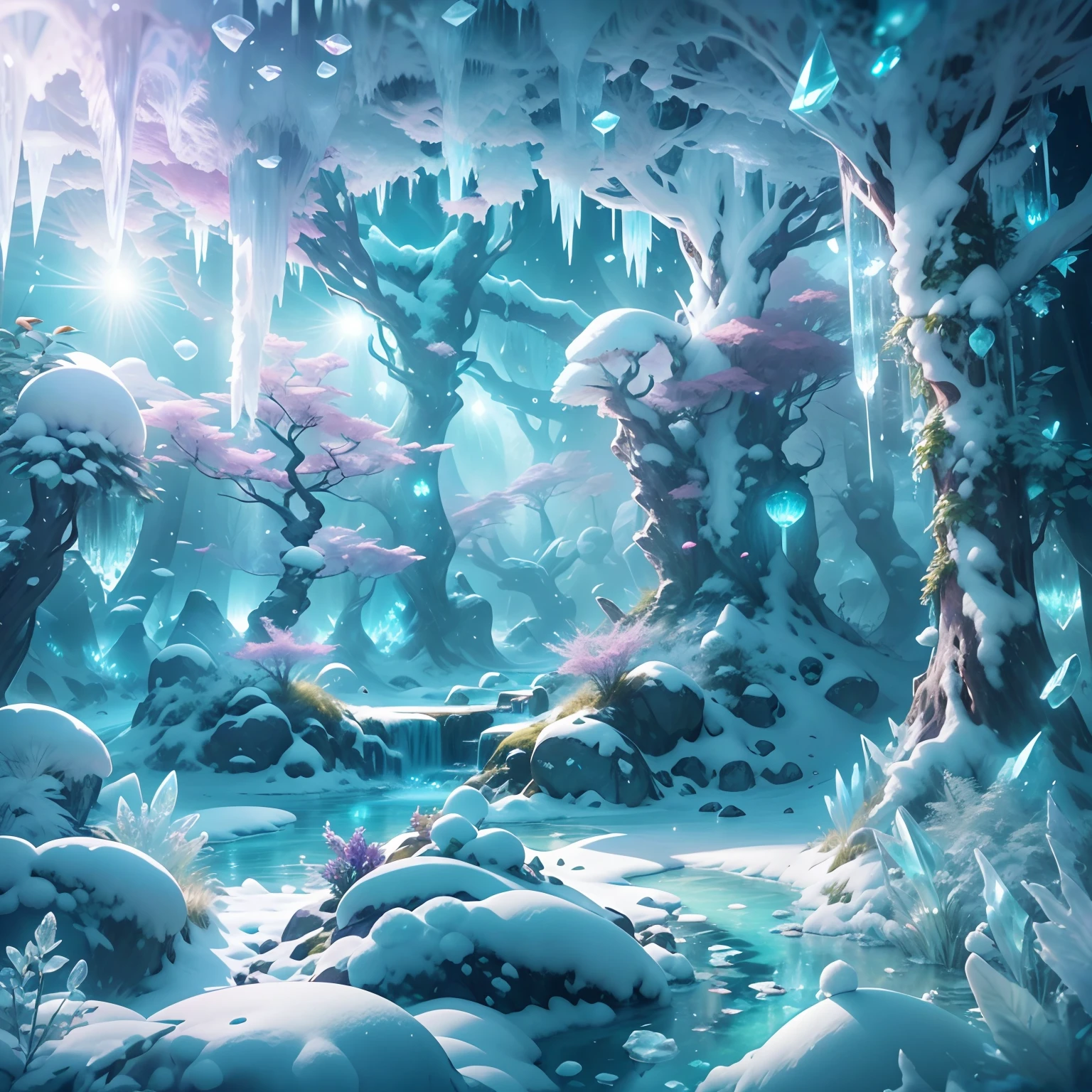 Fantastic snow and ice jungle,Many scattered crystal trees、Accessories、Shine in the center
fantasy、Starskrim、cleanness、
glimmering、Shines、magnifica、Verdant、Light、luminous
Magic pictures, dramatic lighting, Foto realism, The ultra-detailliert, 4K, depth of fields, A high resolution