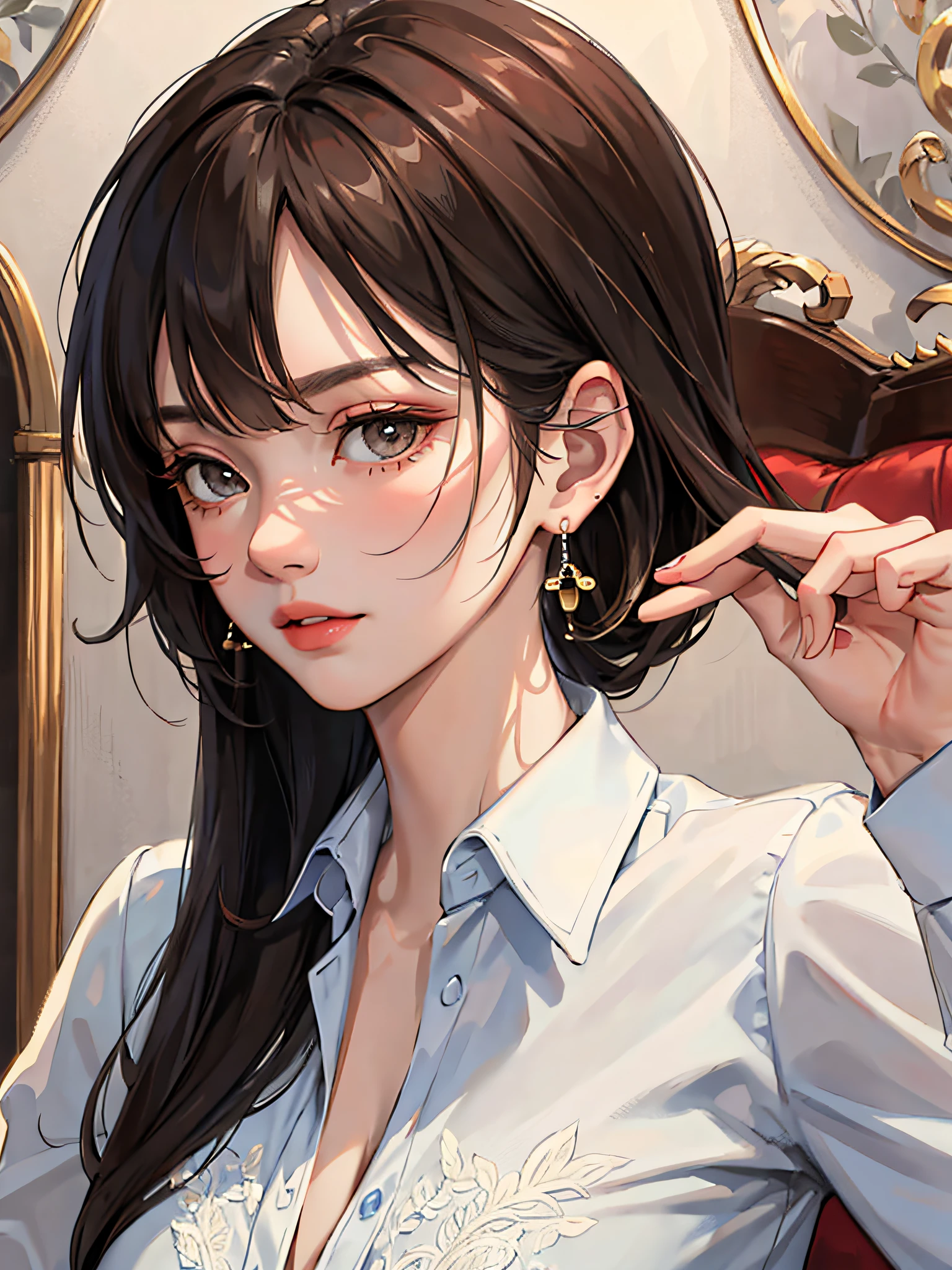 (masterpiece:1.2, best quality), (real picture, intricate details), solo, 1milf, home, close-up face, shirt, (front focus), large round earrings, Looking at me, bangs