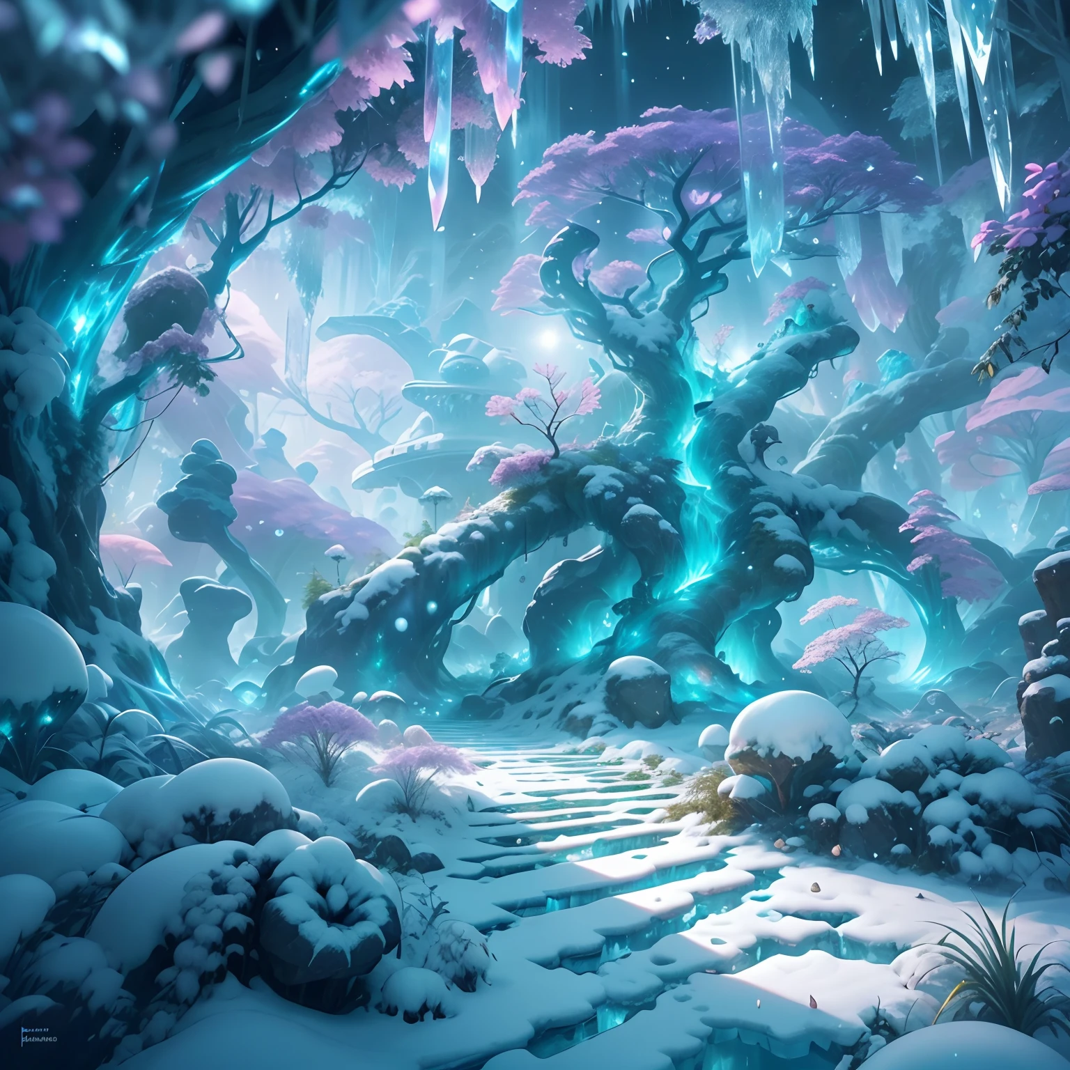 Fantastic snow and ice jungle,Many scattered crystal trees、Accessories、Shine in the center
fantasy、Starskrim、cleanness、
glimmering、Shines、magnifica、Verdant、Light、luminous
Magic pictures, dramatic lighting, Foto realism, The ultra-detailliert, 4K, depth of fields, A high resolution