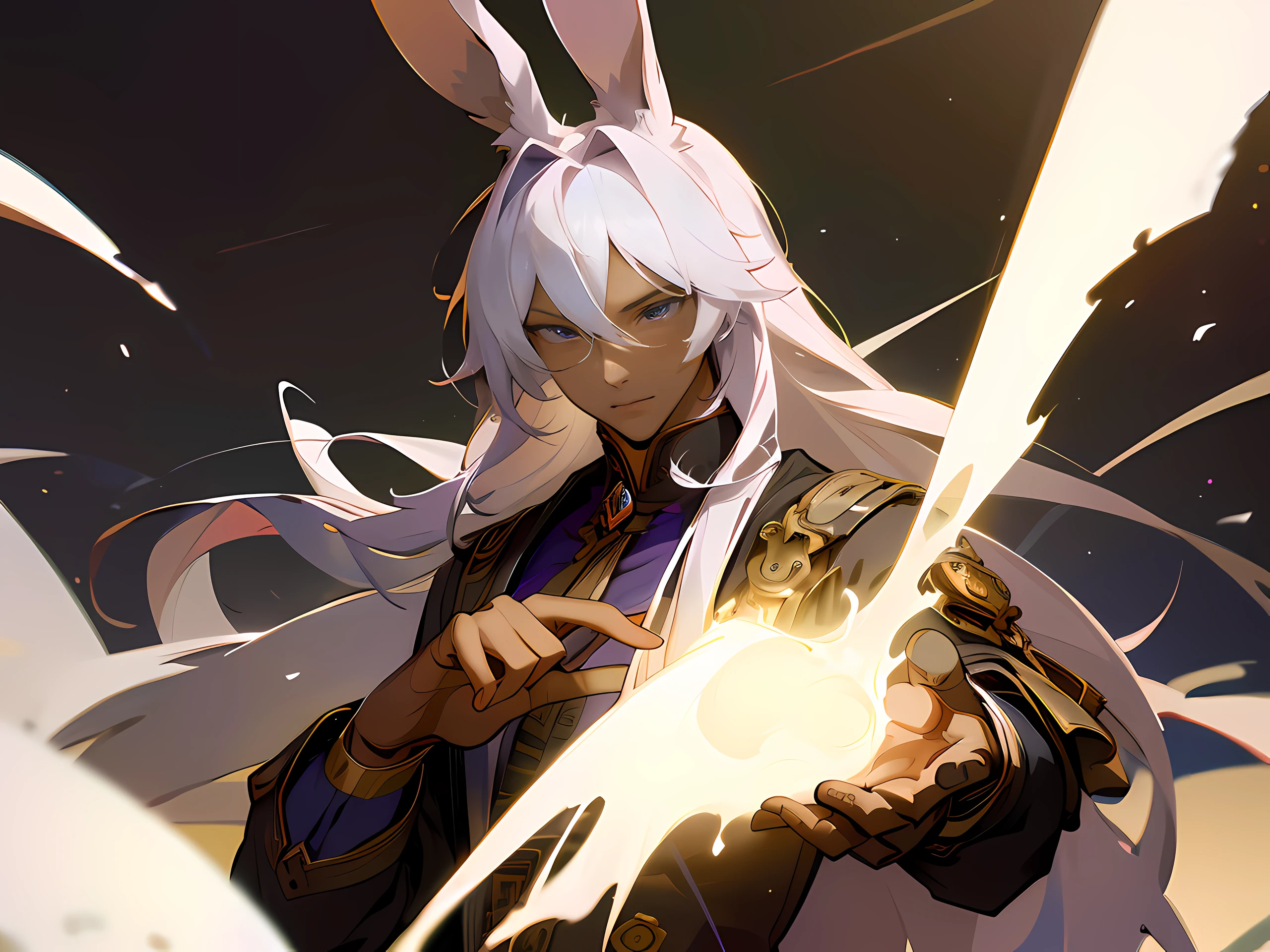 (masterpiece,HDR), 1man, best quality, expressive eyes, perfect face, dark skin, male viera, white bunny ears, handsome man, purple eyes, medium long white hair, steampunk clothing, detailed hands