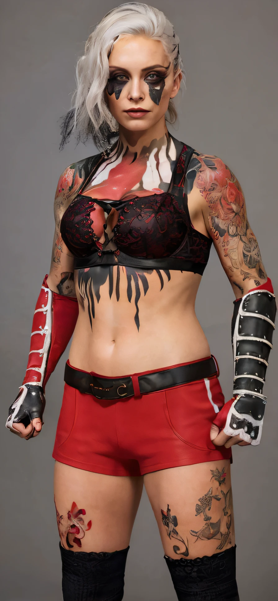 Une femme avec des tatouages et une tenue rouge posant pour une photo, peinture faciale au niveau des yeux,soutien-gorge en cuir noir ,Style geste lourd gros plan, hand painted textures on model, extreme detail skin, Highly detailed skin, Precise skin textures, De gros gantelets, Highly detailed upper body, Detailed Outfit, Detailed bra ,crimson themed,