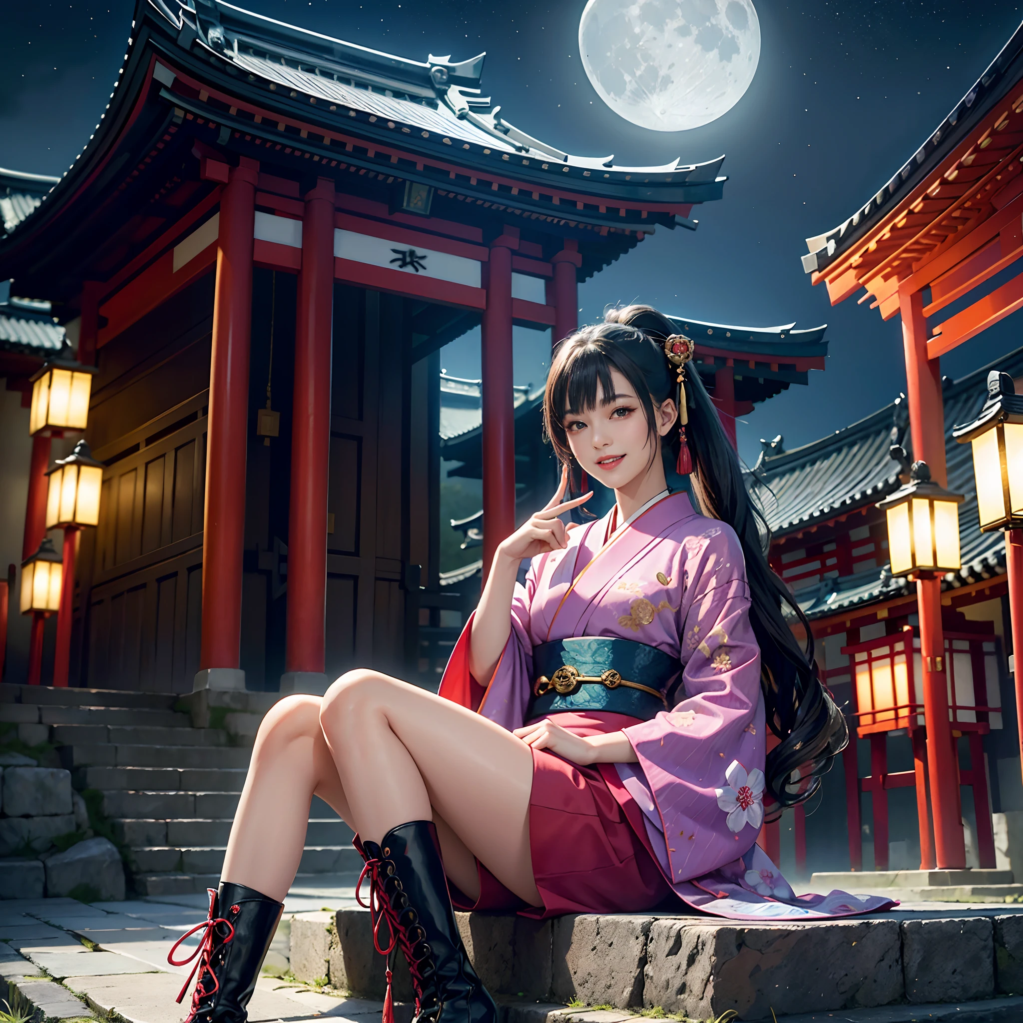 Cyberpunk style,BRAEK,Background of details(Temples and shrines in Kyoto(natta,Moon)),BREAK,elaborate costume{Luxury kimono(Colorful kimono(detailed embroidery)(Wearing leather boots))},Sitting on a bench,1womanl(Japanese actressl:1.2)(face perfect(naughty smile):1.2),Depicting a beautiful and classy adult woman,glossy dark hair(poneyTail),Heart in the eye, Wallpapers 16K,Blur the background with a sickle,((masutepiece)), ((Best Quality)),{{a portrait photo of}},full body Esbian