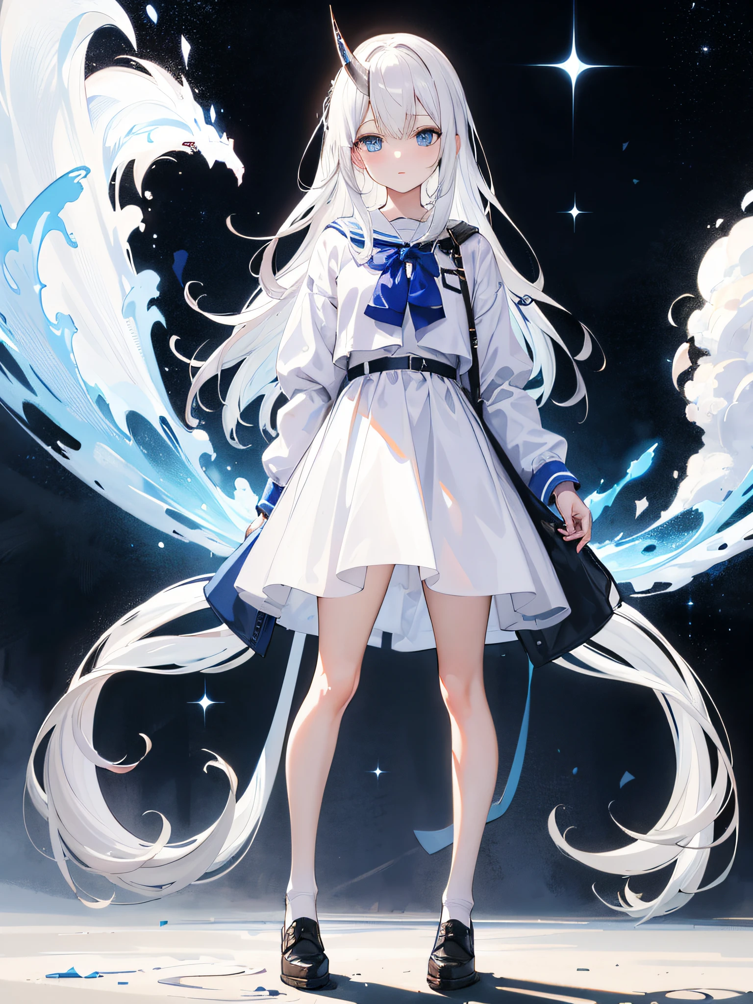 1girl, long white hair, broken horn on left side of head , blue eyes, wearing plain white shirt, white skirt , galaxy , high res, ultrasharp, 8K, masterpiece, looking at viewer , full body , forward