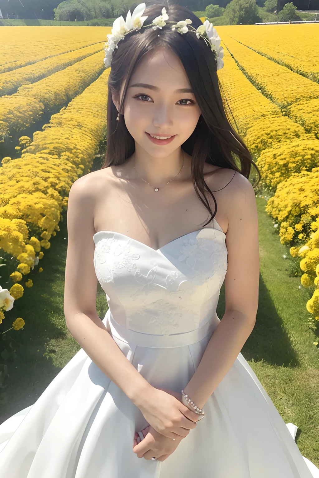 1girl in, white wedding dress, Bare shoulders, blooming flower field, lightsmile
