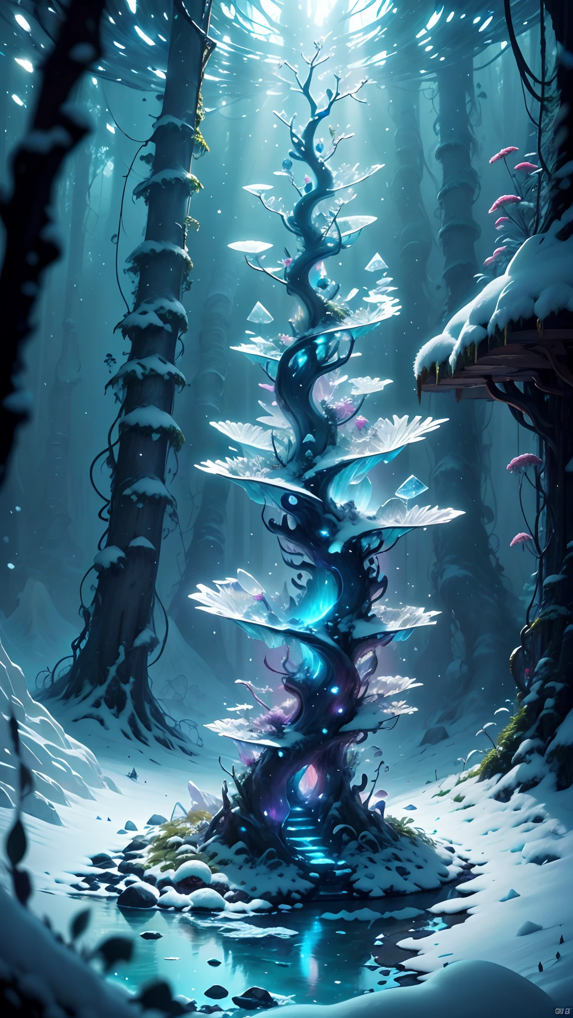 Fantastic snow and ice jungle,Many scattered crystal trees、Accessories、Shine in the center
fantasy、Starskrim、cleanness、
glimmering、Shines、magnifica、Verdant、Light、luminous
Magic pictures, dramatic lighting, Foto realism, The ultra-detailliert, 4K, depth of fields, A high resolution