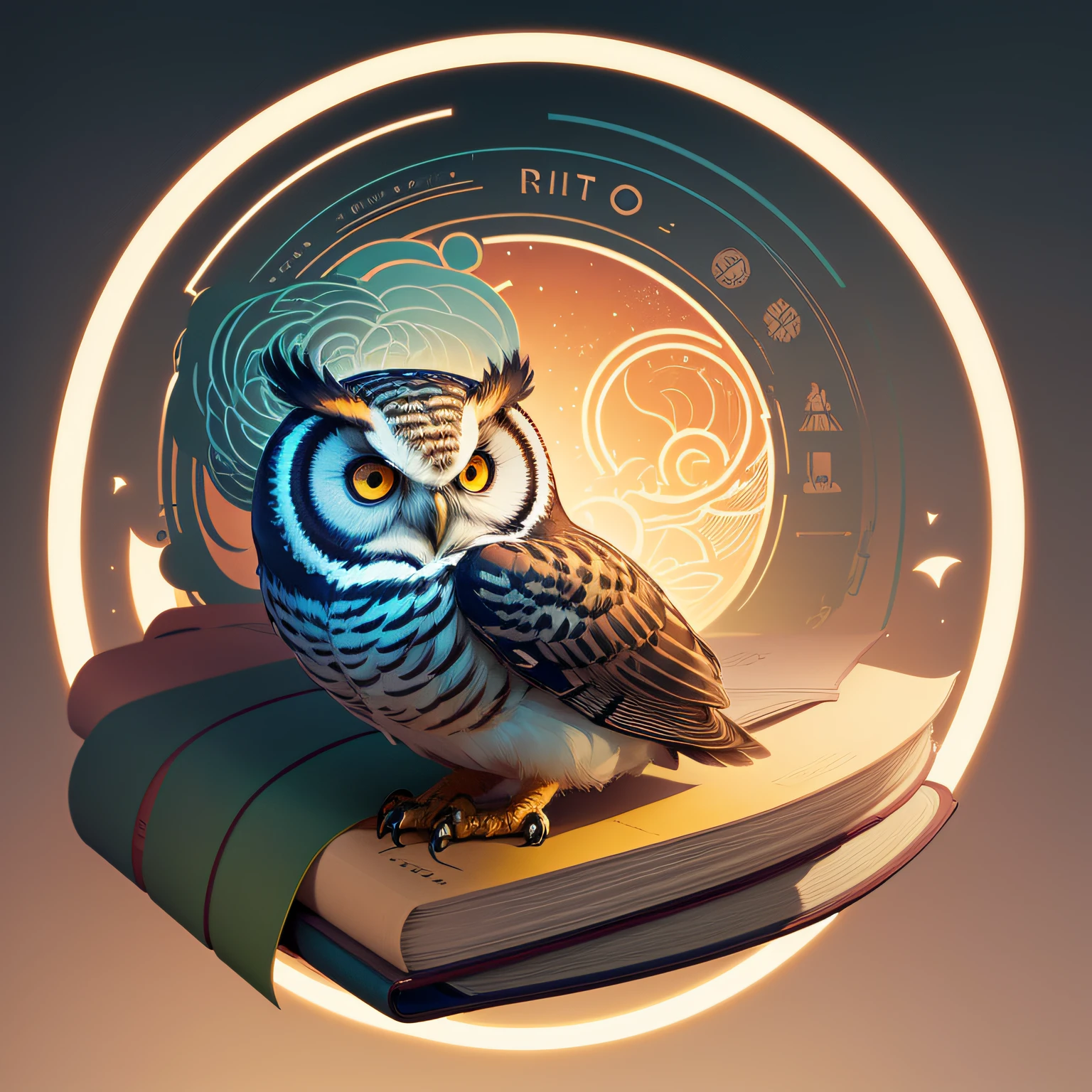 in circle, small, book, logo, symbol, owl, school, by Victto Ngai, Banner, Split-Complementary-Colors, 2D, Full-HD, in a symbolic style, minimalistic