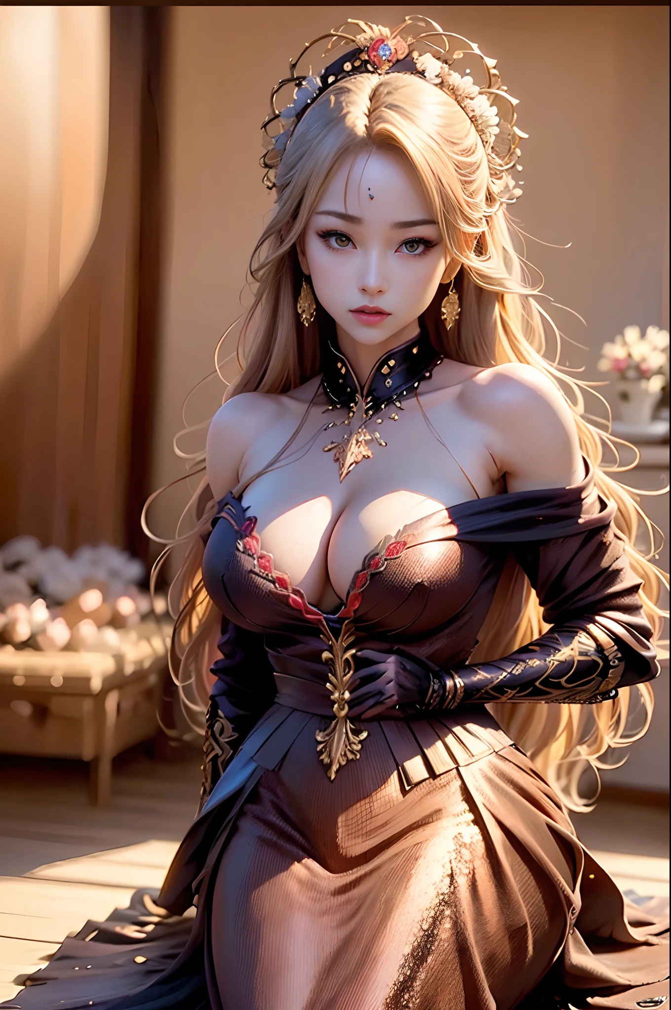 ((8K,High image quality High image quality、masterpiece:1.4))、1 person、A MILF、Long Blonde Hair、gradation hair、Mature Woman Super Beautiful Demon Hunter、beautiful expression、red-lips,beautidful eyes、Models with large breasts、Perfect face shape、Black and red sexy chest armor、Glossy black and red trousers and legers,With a large kissel,Golden decoration,Realistic proportions、Dynamic Poses、high details、Convoluted、intricate-detail、Realistic eyes、Realistic eye proportions、foco nítido、32K、Realistic lighting、Extreme details、Realistic pupils、realistic proportion eyes、Pupils of realistic proportions、Realistic Shadows、Evafee