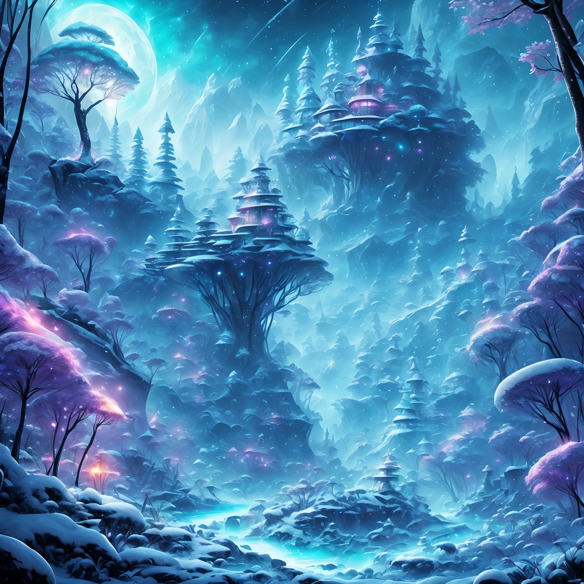 tmasterpiece，Best quality at best，high high quality，extremely detaile，8K，Fantastic snow and ice jungle，Colorful ice magic，glowing sprites，Glowing crystals illuminate the ice and snow，Natural elements in the forest theme，Colorful snow and ice jungle，Epic fantasy art style，Delicate leaves and branches are surrounded by fireflies（nature elements），（Jungle theme），（Foliage），（tree branch），（glowworm），（Particle effect）and other 3D， Octane rendering，Ray traching，Super meticulous，Depicting the harmony between man and nature, Epic fantasy art style, Epic fantasy art style HD, Epic fantasy digital art style, by Yang J, trending on artstation pixiv, Anime fantasy illustration, Beautiful ancient frost, Arte conceitual de inverno,