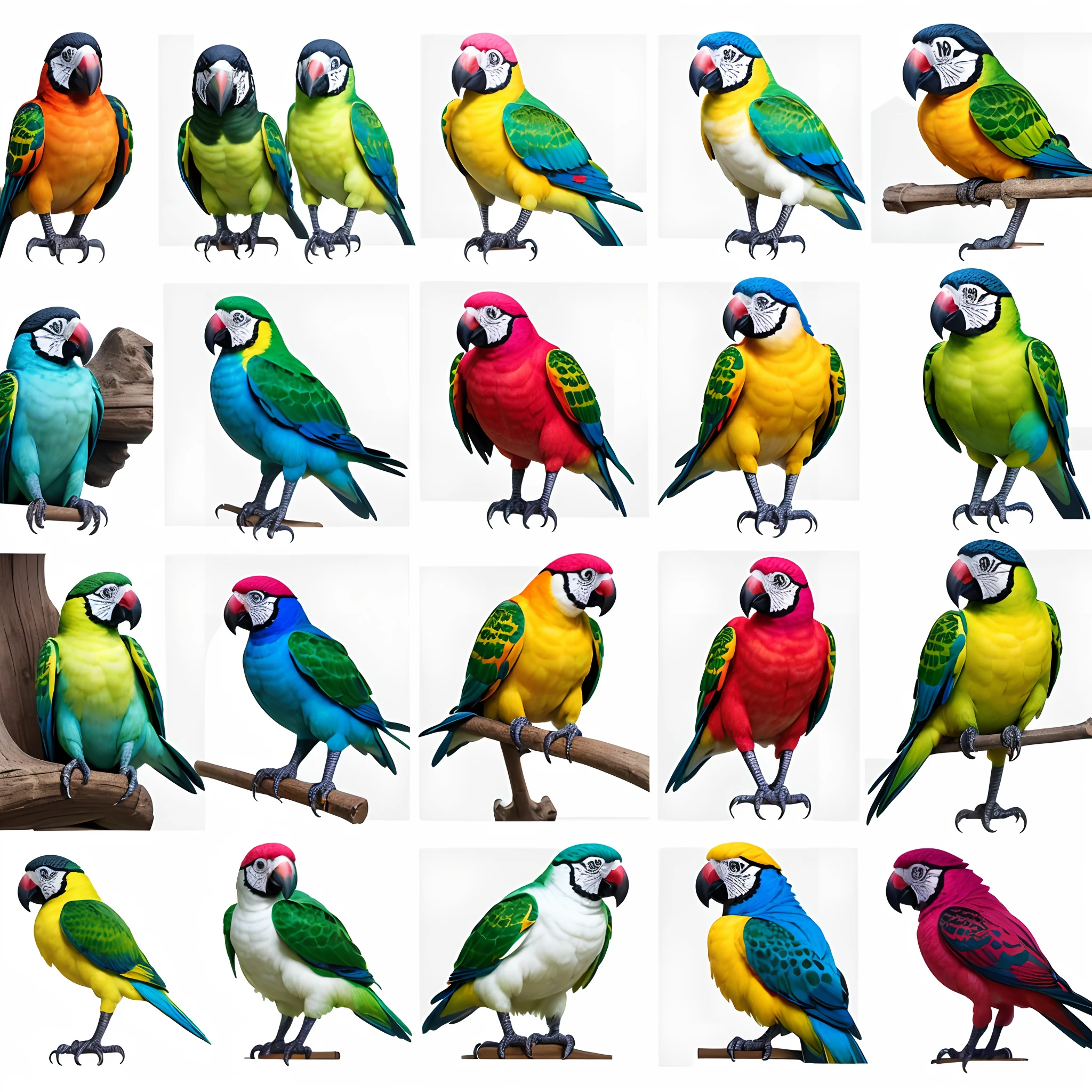 12 kawaii stickers with a parrot with vibrant colors and white borders on a minimal background