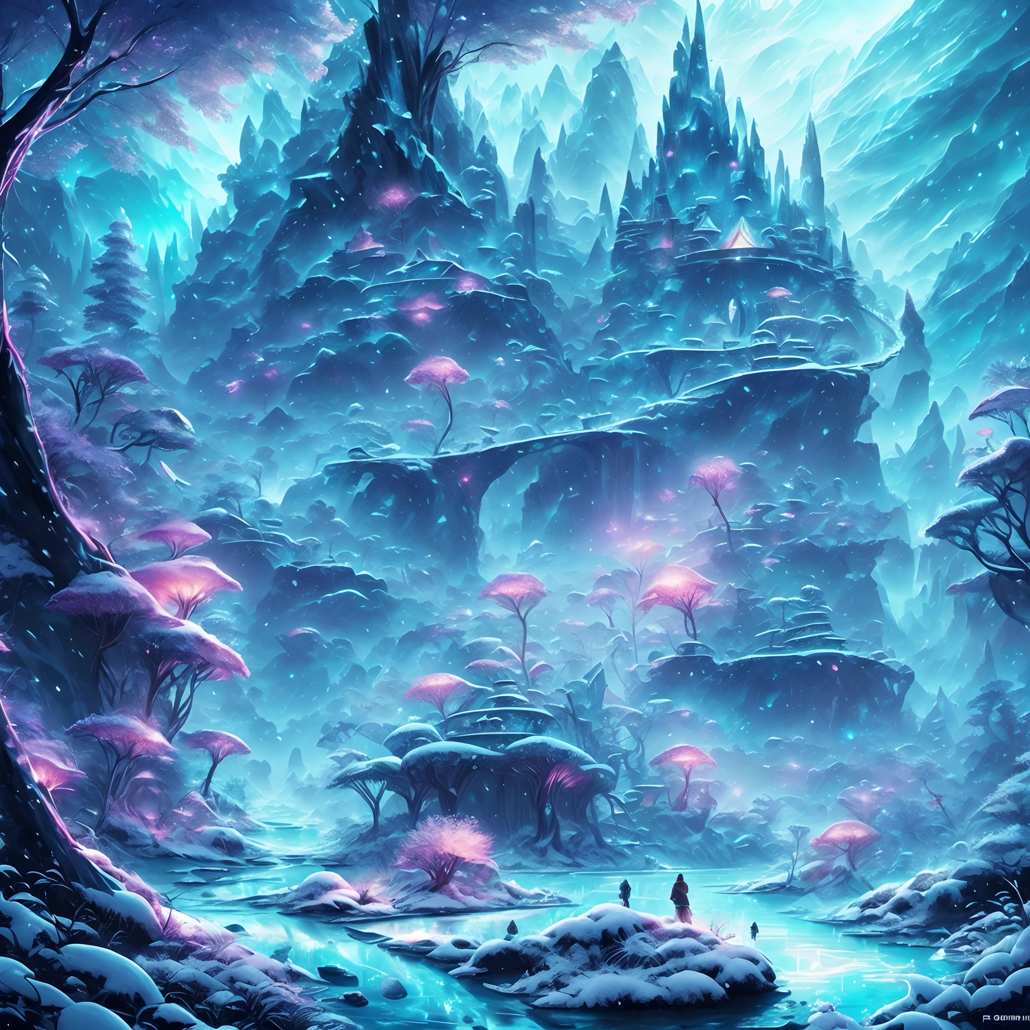tmasterpiece,Best quality at best,high high quality,extremely detaile,8K,Fantastic snow and ice jungle,Colorful ice magic,glowing sprites,Glowing crystals illuminate the ice and snow,Natural elements in the forest theme,Colorful snow and ice jungle,Epic fantasy art style,Delicate leaves and branches are surrounded by fireflies(nature elements),(Jungle theme),(Foliage),(tree branch),(glowworm),(Particle effect)and other 3D, Octane rendering,Ray traching,Super meticulous,Depicting the harmony between man and nature, Epic fantasy art style, Epic fantasy art style HD, Epic fantasy digital art style, by Yang J, trending on artstation pixiv, Anime fantasy illustration, Beautiful ancient frost, Arte conceitual de inverno,