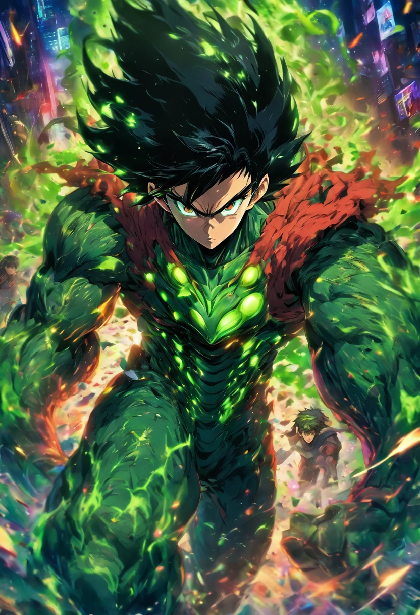 Guy with black hair, messy fringe hairstyle, intimidating eyes, green eyes, Detailed body, fights with alien monsters