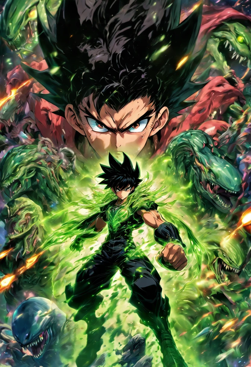 Guy with black hair, messy fringe hairstyle, intimidating eyes, green eyes, Detailed body, fights with alien monsters