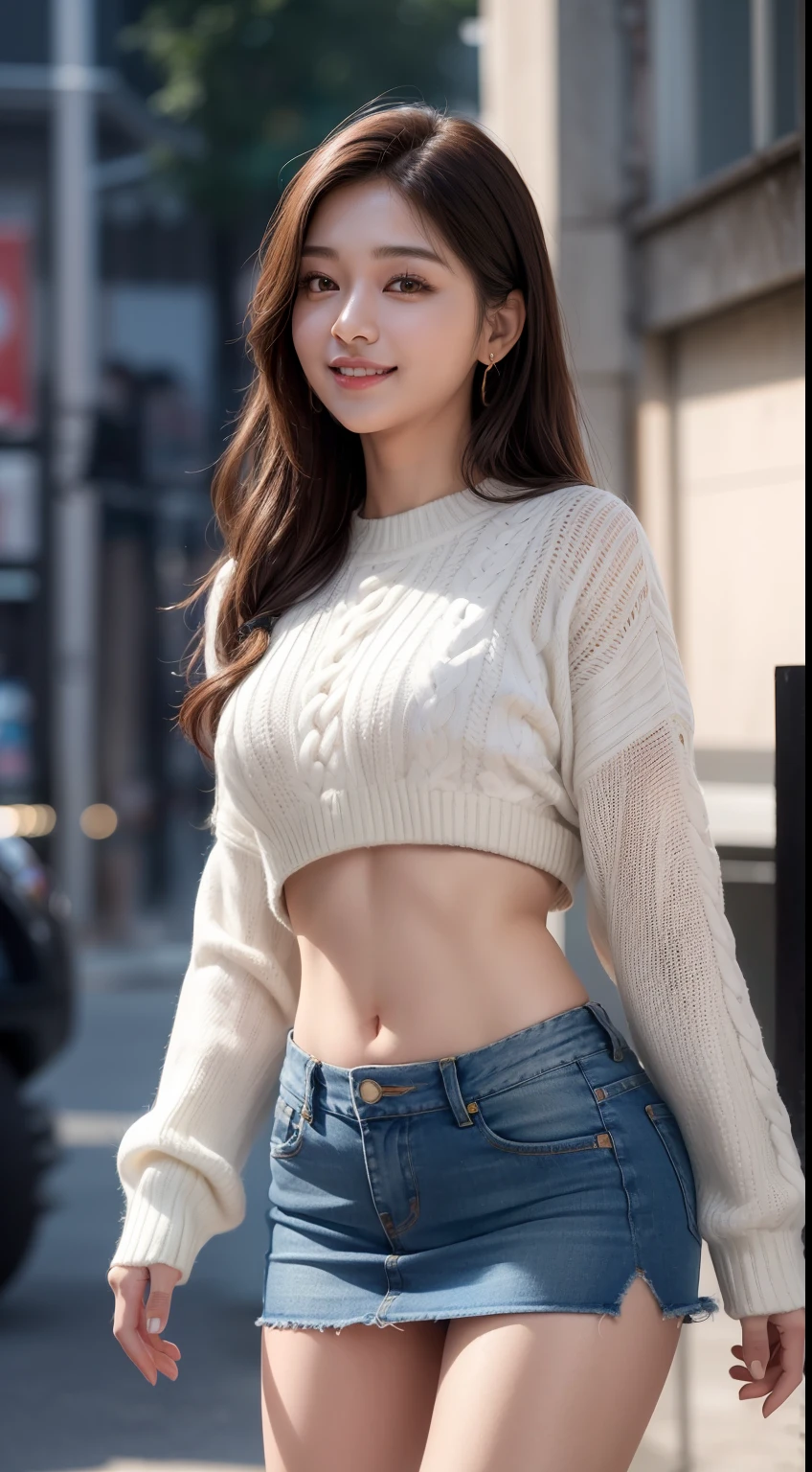 8K, masutepiece, Raw foto, Best Quality, Photorealistic, Wallpapers with extreme details CG Unity 8K, depth of fields, 
Cinematic Light, lensflare, Ray traching, (Extremely beautiful face, Beautiful lips, beautidful eyes), intricate detail face,
 ((Ultra Detail Skin)) 1girl in, (Korean model Kim Daun, Dhoni), (Korean model Kim Daun, Dhoni), 
(Korean model Kim Daun, Dhoni), (Korean model Kim Daun, Dhoni), (Korean model Kim Daun, Dhoni),1 girl,
  ((look up at viewer)),(huge smile:1.3), (blured background), A glimmer of light), (No people in the background.:1.3), Beautiful earrings,
 Clear eyes, Front shot, (pale-skinned), (Big eyes), (Big eyes) (Big eyes), (Big eyes), (Big eyes), Facing forward,
 (Full body shot), (ligh brown hair), Open the navel............, (look up at viewer:1.3),   small hips, small hips,small hips,
 a slender waist, small hips, ((wide open abdomen))、((open abdomen))、((wide open navel))、((open navel))、((Bare belly))、((Mid-Riff Sweater))、((Ultra-low rise、Denim Mini Skirt))、 ((Navel Ejection))、((small hips))、((Full body depiction))、((small  hip))、(boots)、((Ultra-low rise))、
((Denim Mini Skirt))、((is standing))、