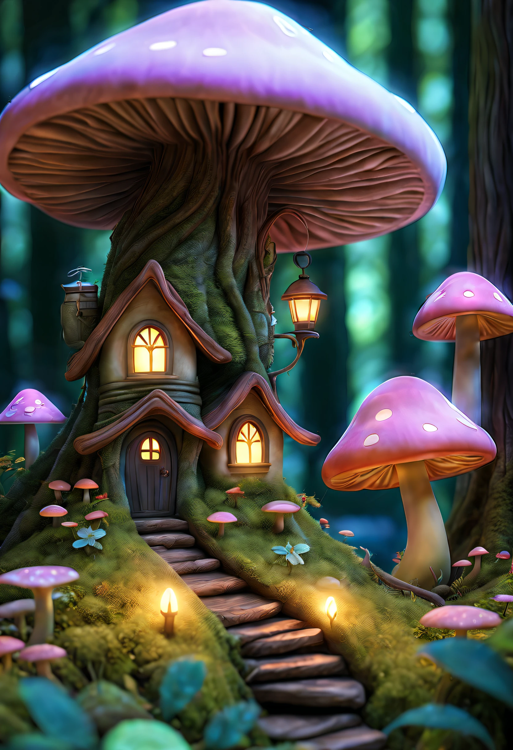 (best quality,4k,8k,highres,masterpiece:1.2),ultra-detailed,(realistic,photorealistic,photo-realistic:1.37), enchanting, mystical, magical, fairy, forest city, forest theme, ethereal, dreamy, atmosphere, neon lights, magic, mystical forest creatures, whimsical, vibrant colors, luminescent, wisps of light, pixies, enchanting glow, sprawling tree roots, lush foliage, towering trees, sparkling fairy dust, glowing mushrooms, enchanting architecture, whimsical pathways, spellbinding, mystical energy, soft glow, magical aura, enchanted forest, dreamlike scenery, moonlit sky, twinkling stars, tranquil ambiance, enchanting melodies
