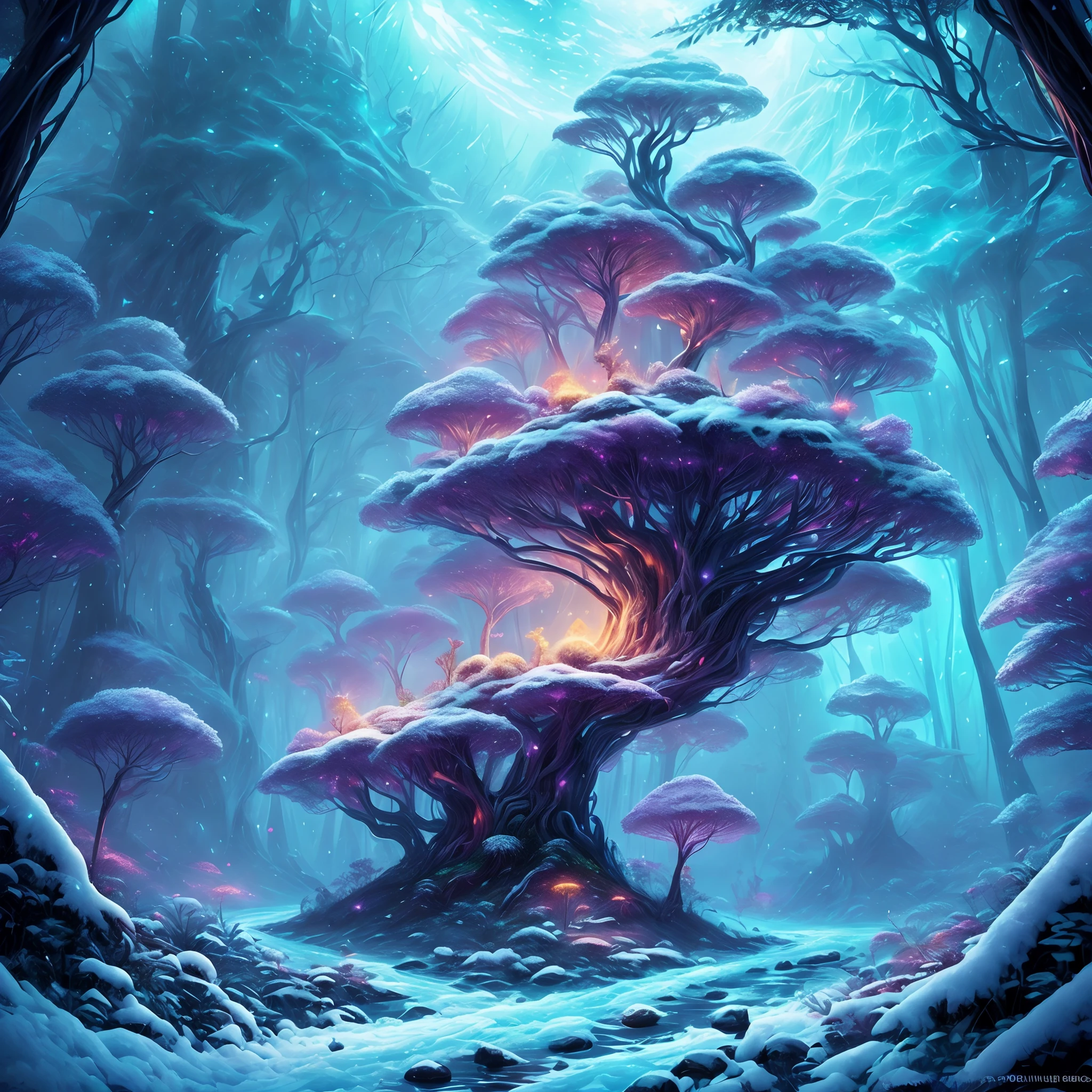 tmasterpiece，Best quality at best，high high quality，extremely detaile，8K，Fantastic snow and ice jungle，Colorful ice magic，glowing sprites，Natural elements in the forest theme，Colorful snow and ice jungle，Epic fantasy art style，Delicate leaves and branches are surrounded by fireflies（nature elements），（Jungle theme），（Foliage），（tree branch），（glowworm），（Particle effect）and other 3D， Octane rendering，Ray traching，Super meticulous，Depicting the harmony between man and nature, Epic fantasy art style, Epic fantasy art style HD, Epic fantasy digital art style, by Yang J, trending on artstation pixiv, Anime fantasy illustration, Beautiful ancient frost, Arte conceitual de inverno,