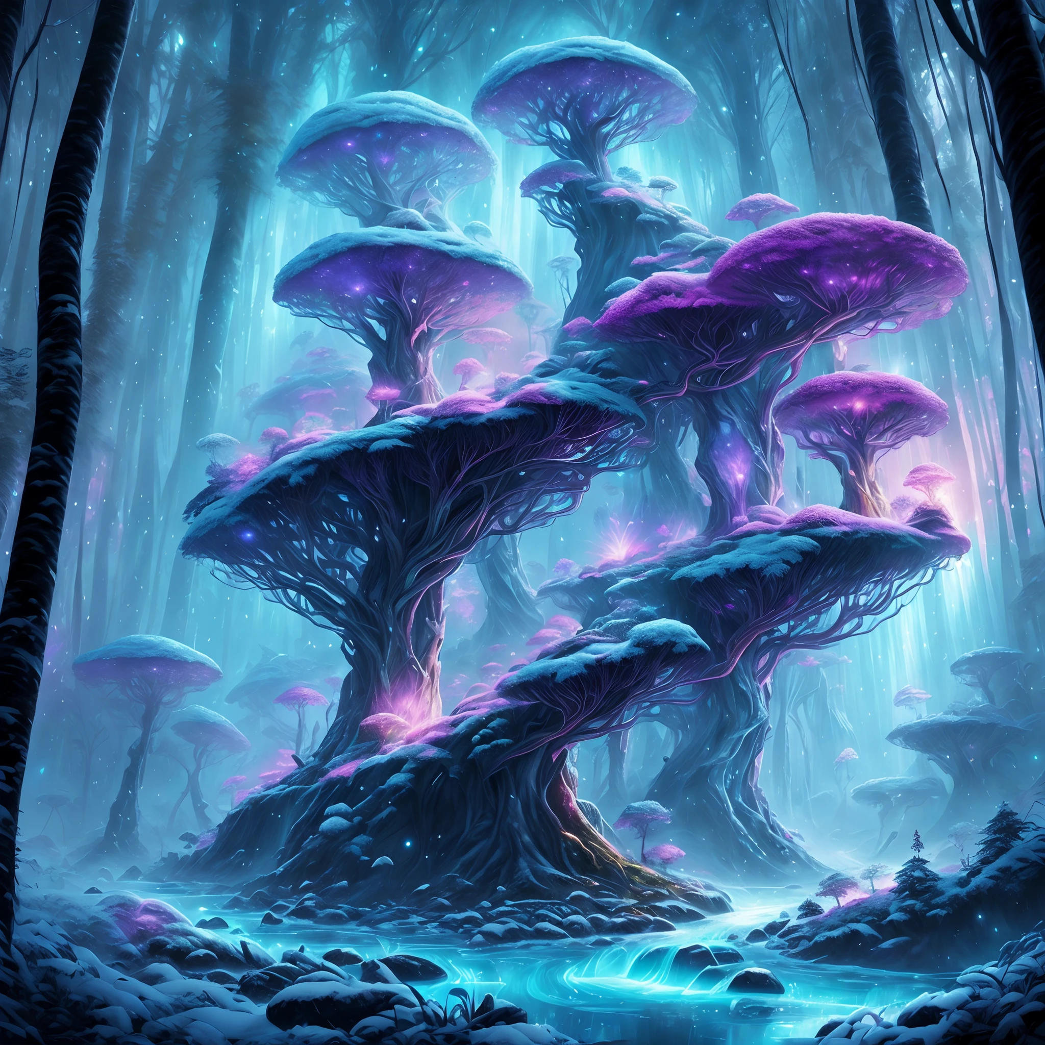 tmasterpiece，Best quality at best，high high quality，extremely detaile，8K，Fantastic snow and ice jungle，Colorful ice magic，glowing sprites，Natural elements in the forest theme，Colorful snow and ice jungle，Epic fantasy art style，Delicate leaves and branches are surrounded by fireflies（nature elements），（Jungle theme），（Foliage），（tree branch），（glowworm），（Particle effect）and other 3D， Octane rendering，Ray traching，Super meticulous，Depicting the harmony between man and nature, Epic fantasy art style, Epic fantasy art style HD, Epic fantasy digital art style, by Yang J, trending on artstation pixiv, Anime fantasy illustration, Beautiful ancient frost, Arte conceitual de inverno,