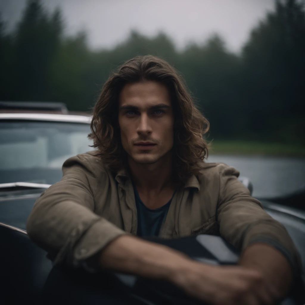 Le jeune homme au capot, Tension au-dessus des yeux,Long wavy hair under the hood, Diffuse light,Fog in the background,