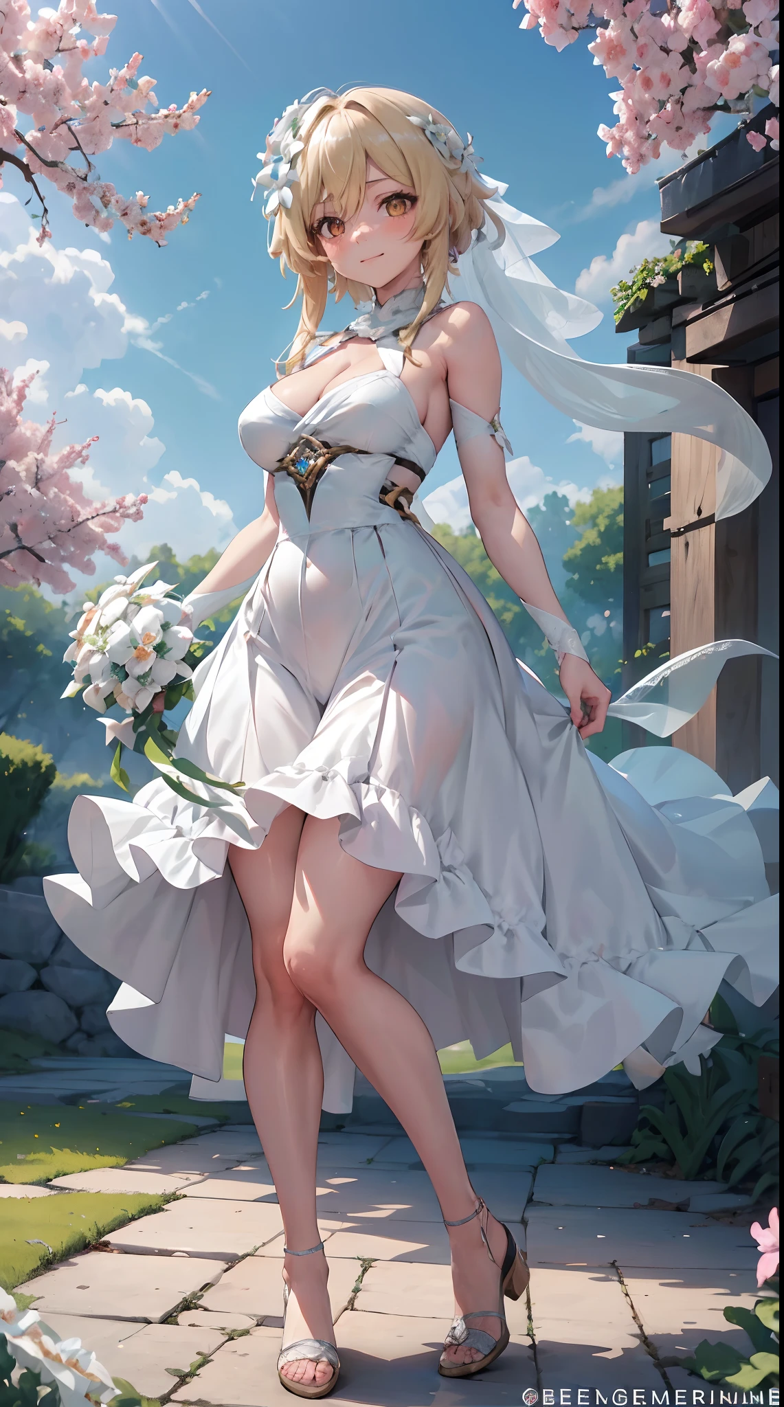 Lumine | genshin impact, master-piece, bestquality, 1girls,25 years old, proportional body, proportional., Wedding Dresses, White Wedding Dress, Long skirt, wedding, mediuml breasts, ,bara, Standing in the middle of a flower garden, outdoor, wedding, The sky is beautiful, Both hands hold a bouquet of flowers..................., View viewers from the front., Thigh strap, Head tilt, bored, 10, 10, HD, slight smile,