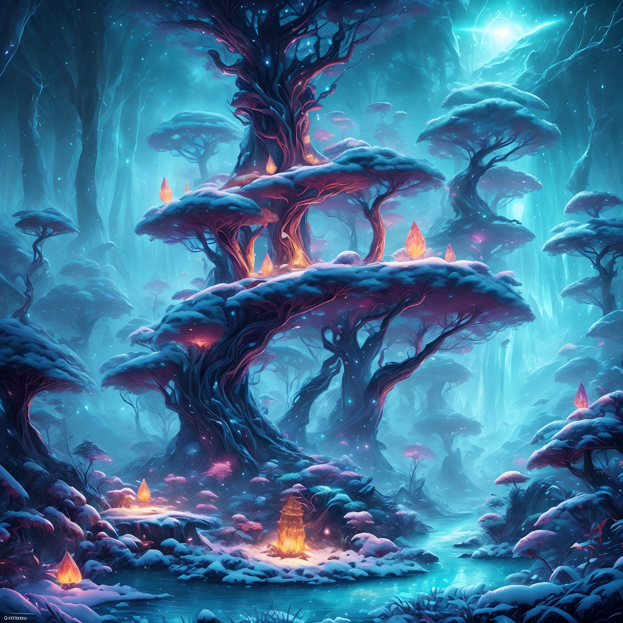 tmasterpiece，Best quality at best，high high quality，extremely detaile，8K，Fantastic snow and ice jungle，Colorful ice magic，glowing sprites，Natural elements in the forest theme，Colorful snow and ice jungle，Epic fantasy art style，Delicate leaves and branches are surrounded by fireflies（nature elements），（Jungle theme），（Foliage），（tree branch），（glowworm），（Particle effect）and other 3D， Octane rendering，Ray traching，Super meticulous，Depicting the harmony between man and nature, Epic fantasy art style, Epic fantasy art style HD, Epic fantasy digital art style, by Yang J, trending on artstation pixiv, Anime fantasy illustration, Beautiful ancient frost, Arte conceitual de inverno,