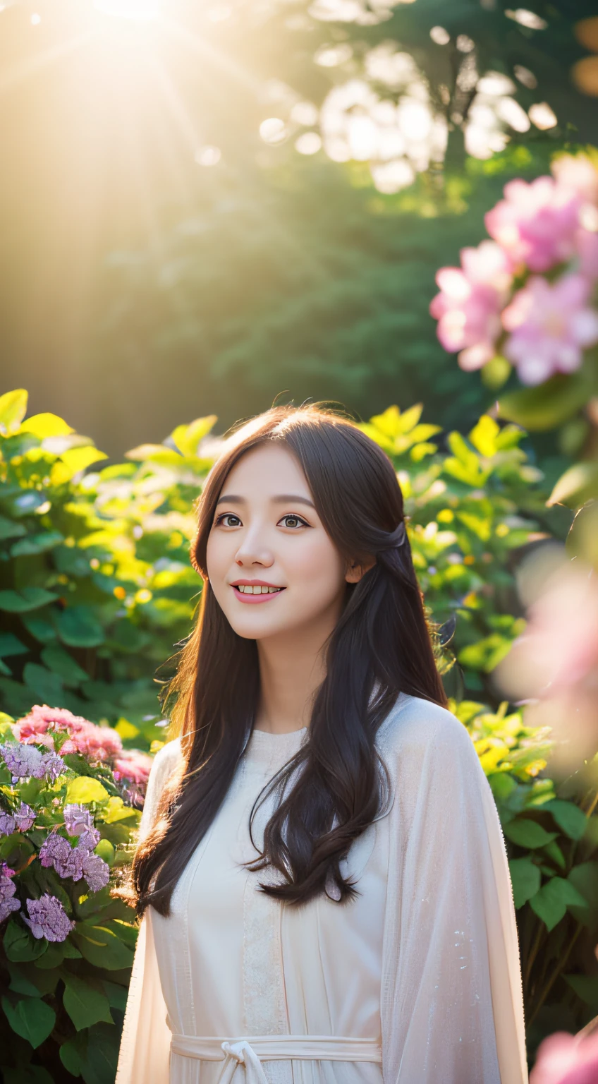 (((Full body photo))), (Single eyes)),(Sunset backlight))),(Thin blue eyeliner),(Lens flare))),((Lens flare),(Dress up as a priestess,In a Japanese garden)))),(Super Soft Focus))))), Smiling, , (((Looking into the distance)))), Twilight, Showering, The background is surrounded by colorful hydrangeas, hydrangeas, ((pastel sunset)), (yinchuan:1.5), Masterpiece, Best quality, RAW photo, Photorealistic, face, Beautiful girl, long whitr hair, ((((Depth of field)))), high resolution, Ultra detail, finedetail, Very detailed, Cinematic lighting