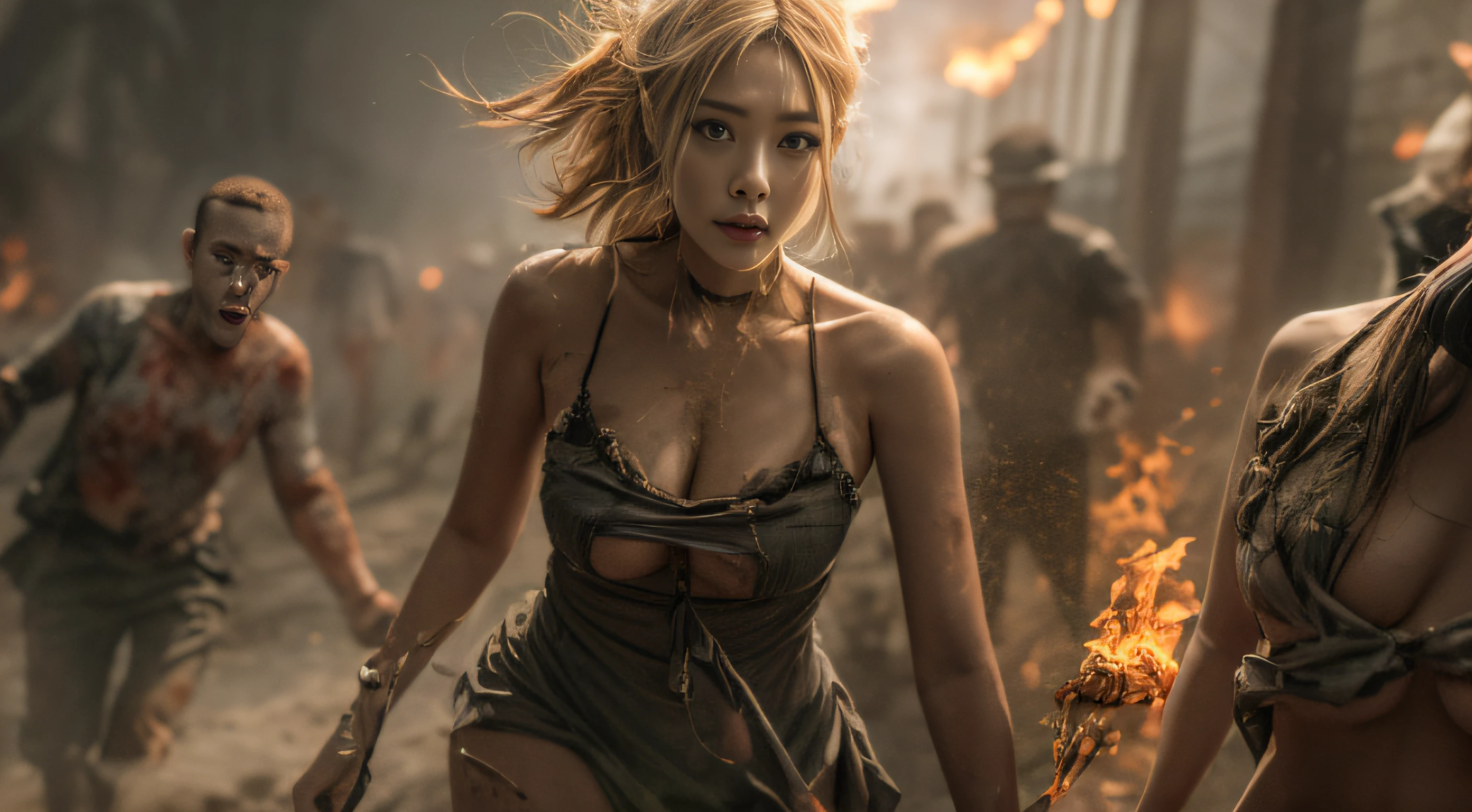 sunny mid day，She wore a short slip dress，Run away on the road, Behind her, There is a large group of zombies chasing, Flames and general destruction, The darkness of the Dark Ages，Medium shot，Cinematic light and shadow，8K clarity，Upper body appearance