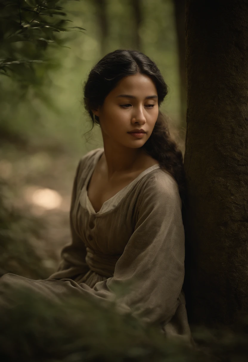 Junge vietnamesische Frau sitzt am Waldweg, im Sil von Jean Baptiste Camille Corot, Eurydike
