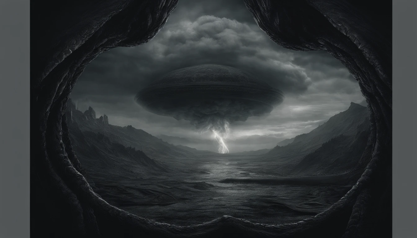 (masterpiece), best quality, huge crater descending into darkness with smoke rising. dramatic angle, extreme angle shot, low-angle shot, wide-angle shot, dark moody storm-clouds sky, lovecraftian,visceral,nightmare,tentacles,dreadful humanoid,imagination,fantastical,dramatic,dark tones,paranormal,macro lens,surreal juxtaposition,lovecraftian,cosmic horror,horror,c'thulhu background